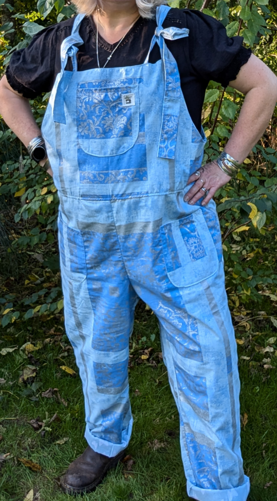 dungarees size 22, abstract silver and blue pattern dungarees, plus size dungarees RelovedDesignsbyDawn