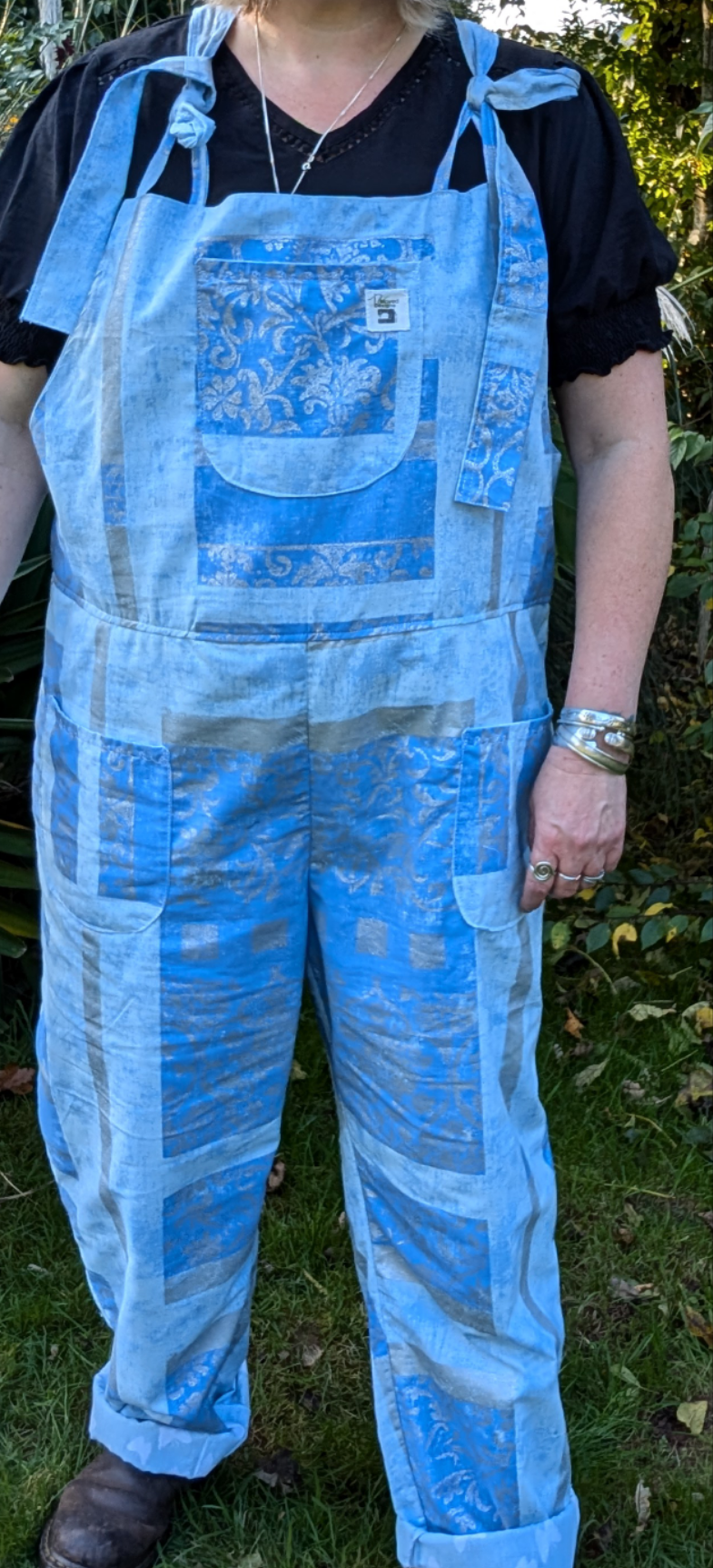 dungarees size 22, abstract silver and blue pattern dungarees, plus size dungarees RelovedDesignsbyDawn