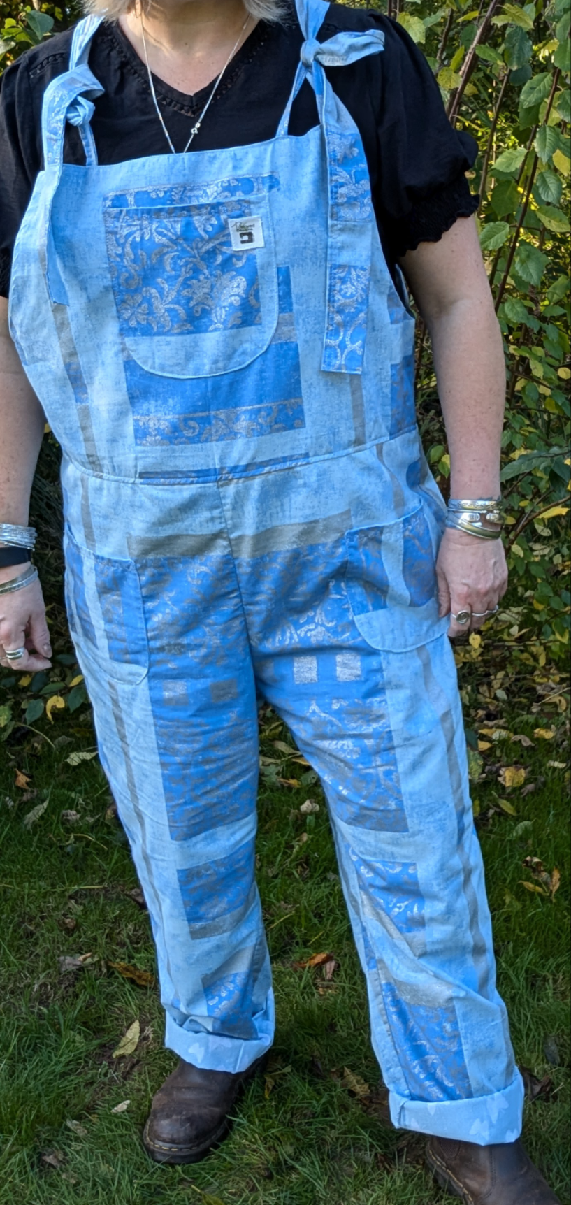 dungarees size 22, abstract silver and blue pattern dungarees, plus size dungarees RelovedDesignsbyDawn