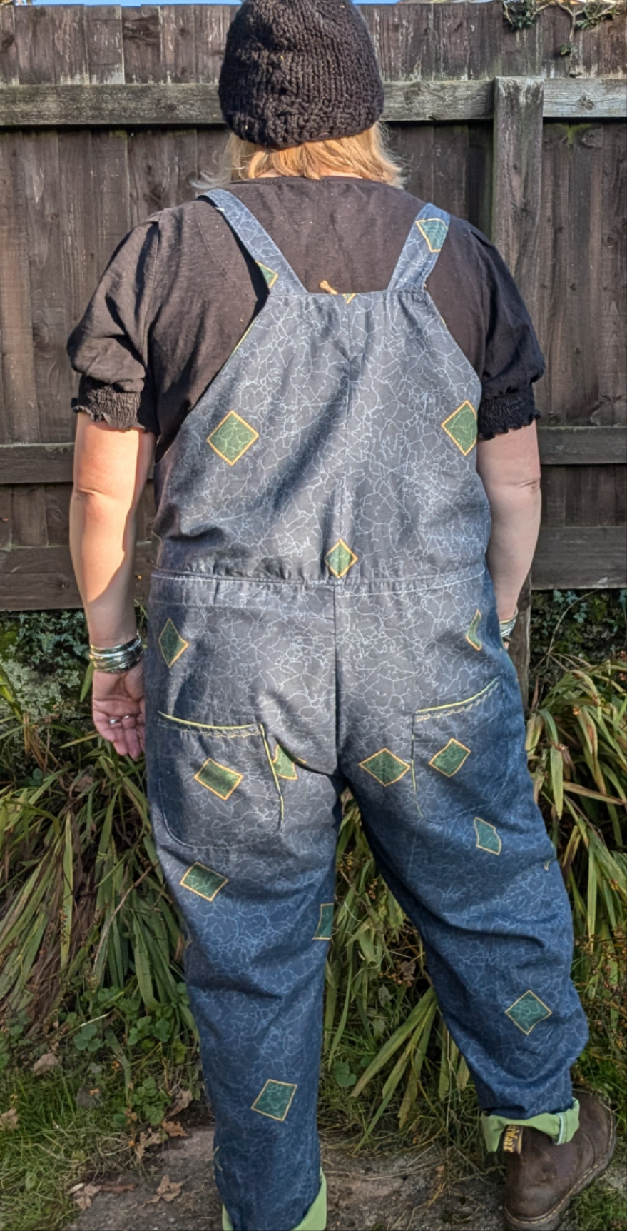 dungarees size 20, Navy and green 80s abstract pattern dungarees, plus size dungarees RelovedDesignsbyDawn