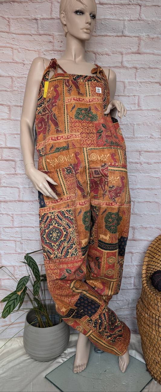 dungarees size 14 , red elephant dungarees, ethnic print dungarees, baggy long dungarees, sustainable fashion dungarees, reworked clothing RelovedDesignsbyDawn