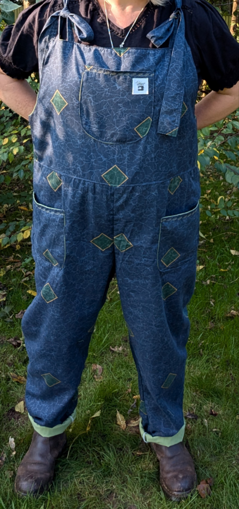 dungarees size 20, Navy and green 80s abstract pattern dungarees, plus size dungarees RelovedDesignsbyDawn