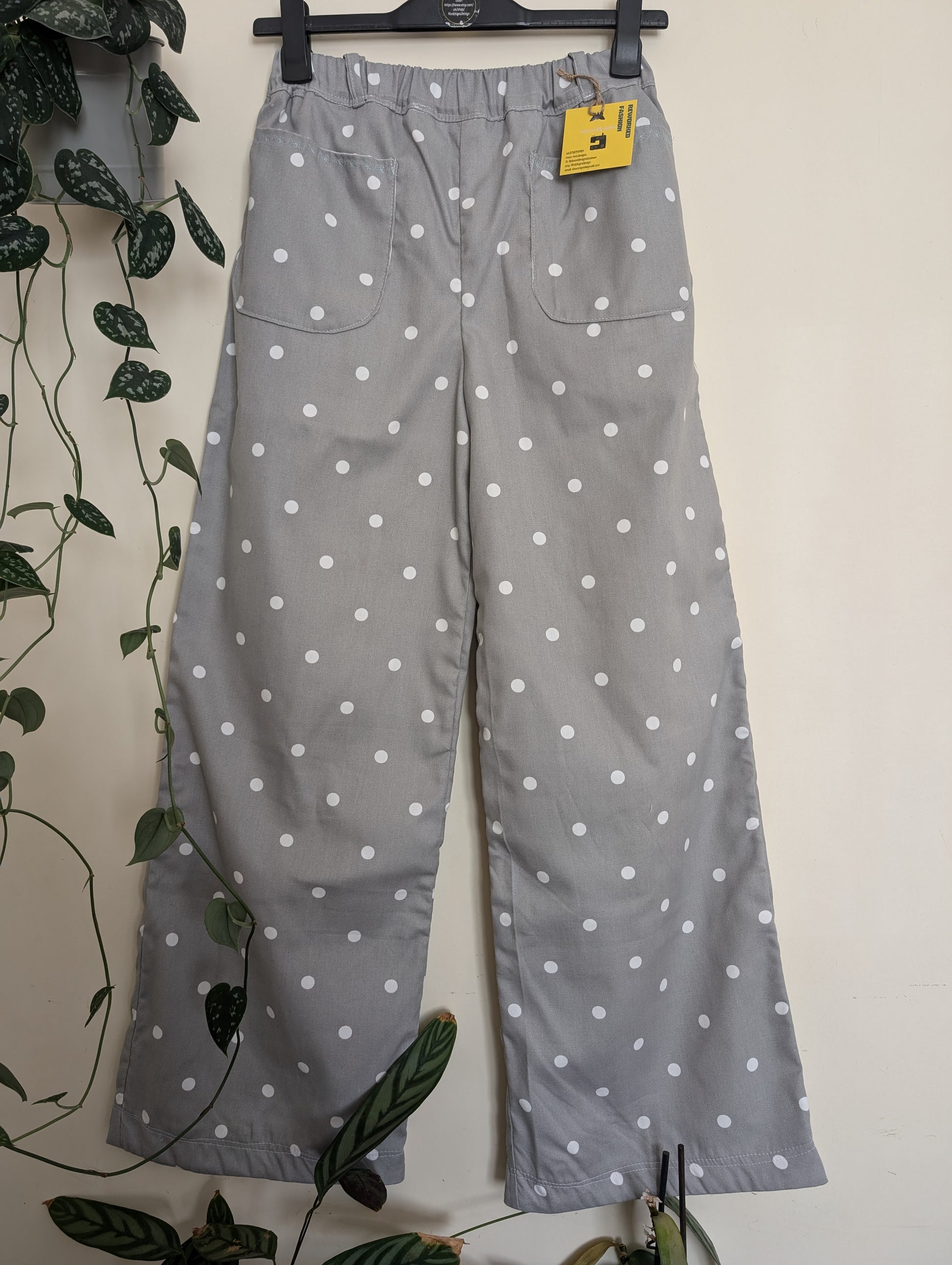 Trousers size 14, stretch waist trousers, reworked spotty grey wide leg trousers RelovedDesignsbyDawn