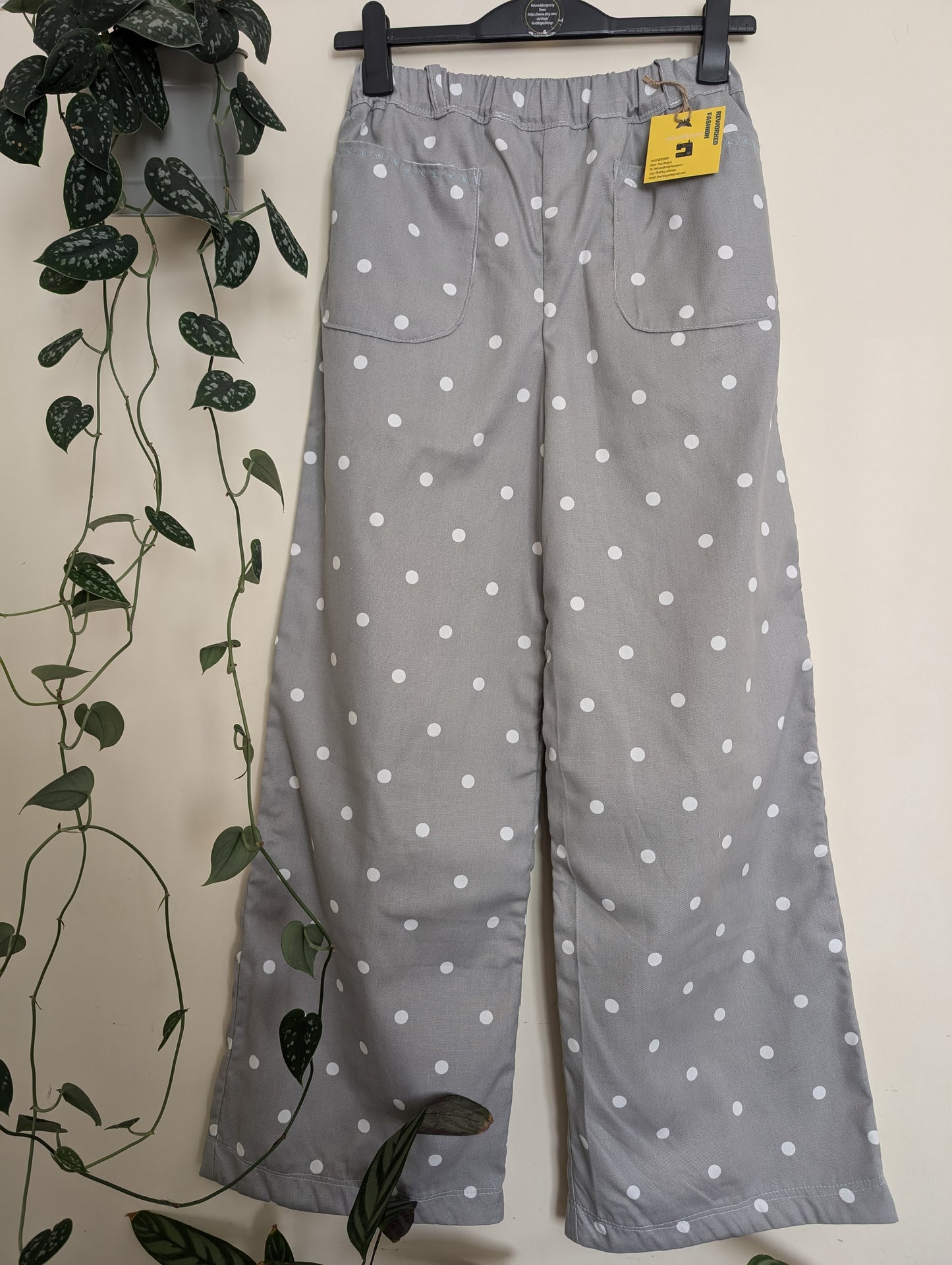 Trousers size 14, stretch waist trousers, reworked spotty grey wide leg trousers RelovedDesignsbyDawn