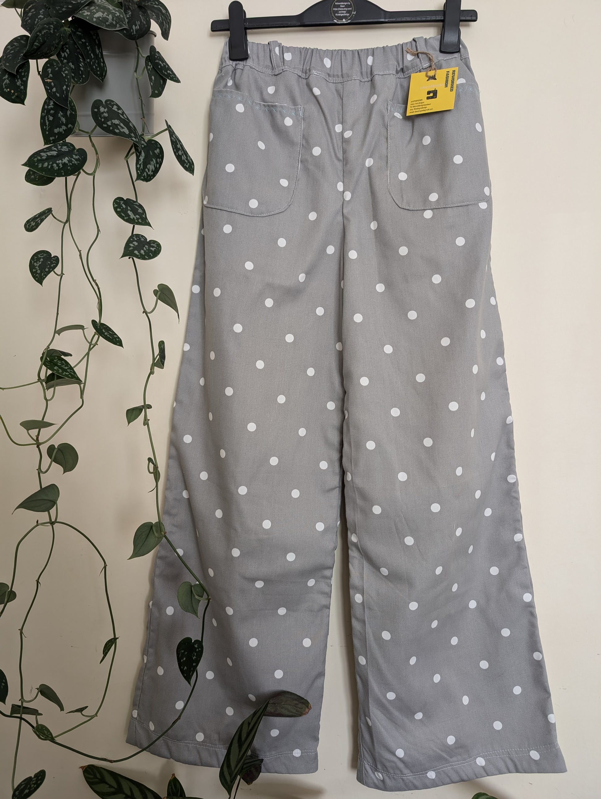 Trousers size 14, stretch waist trousers, reworked spotty grey wide leg trousers RelovedDesignsbyDawn