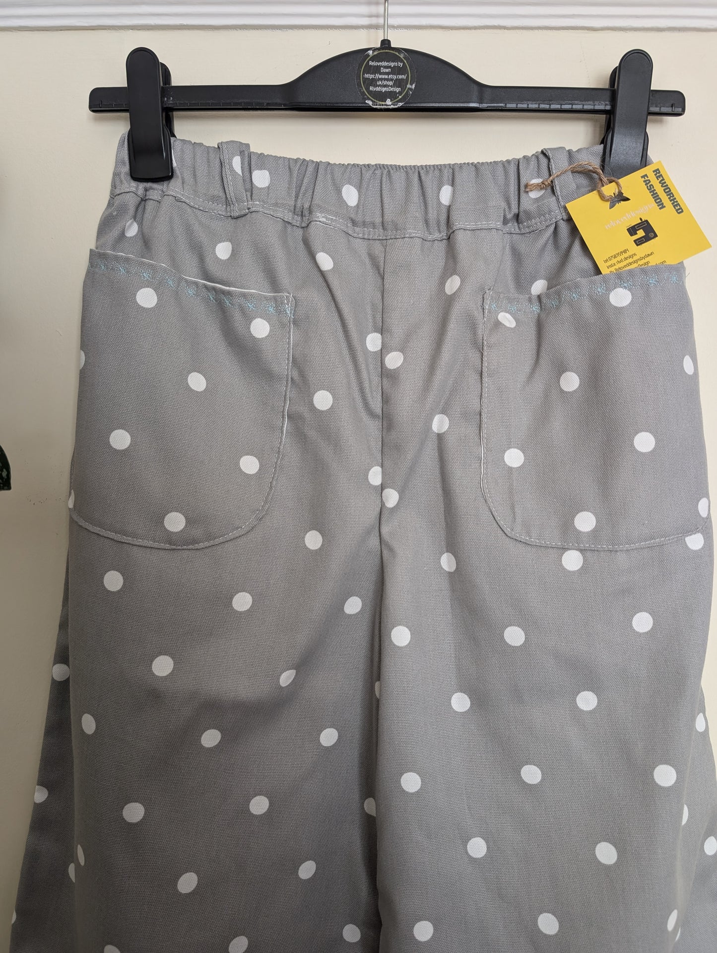 Trousers size 14, stretch waist trousers, reworked spotty grey wide leg trousers RelovedDesignsbyDawn