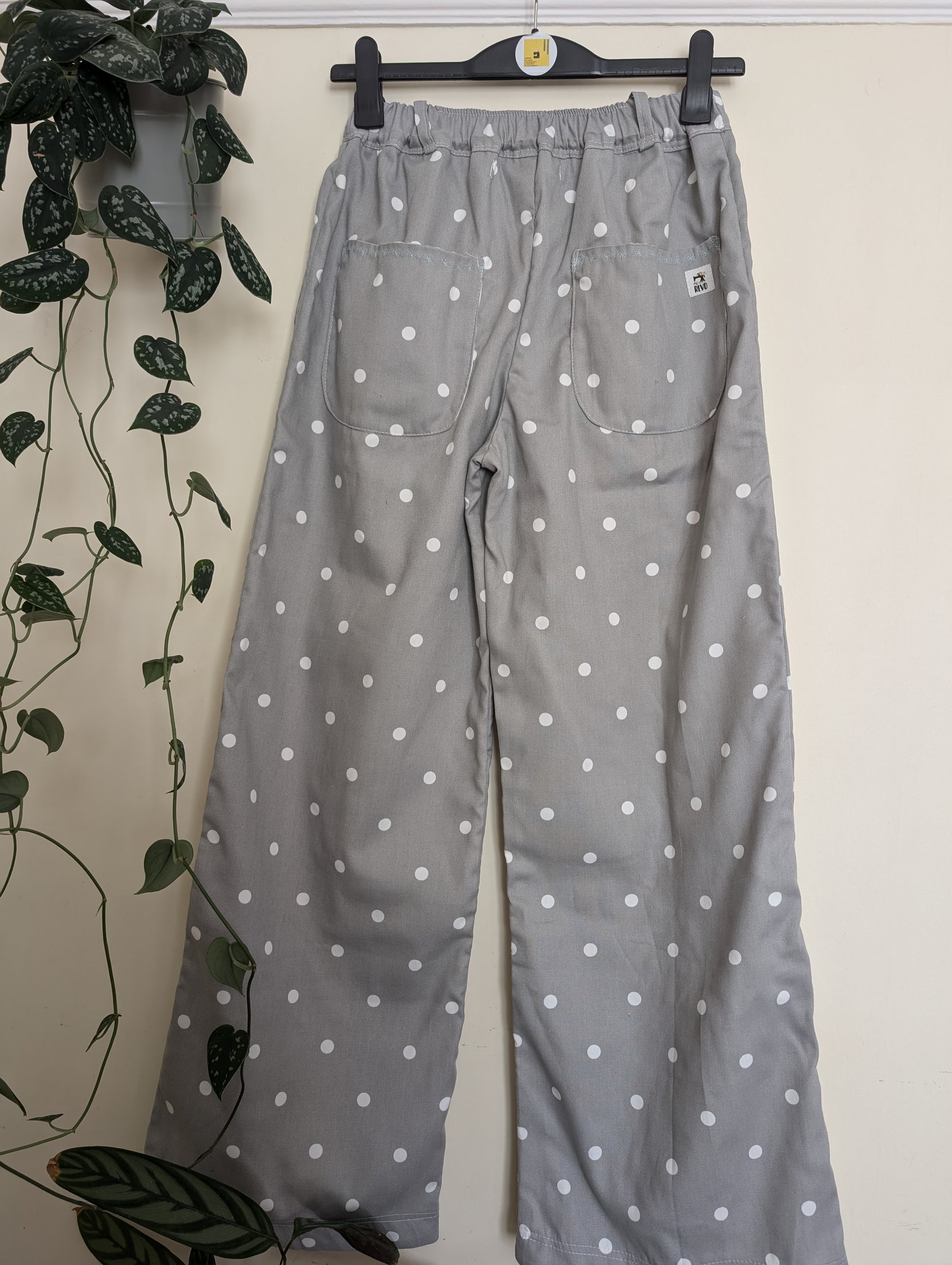 Trousers size 14, stretch waist trousers, reworked spotty grey wide leg trousers RelovedDesignsbyDawn