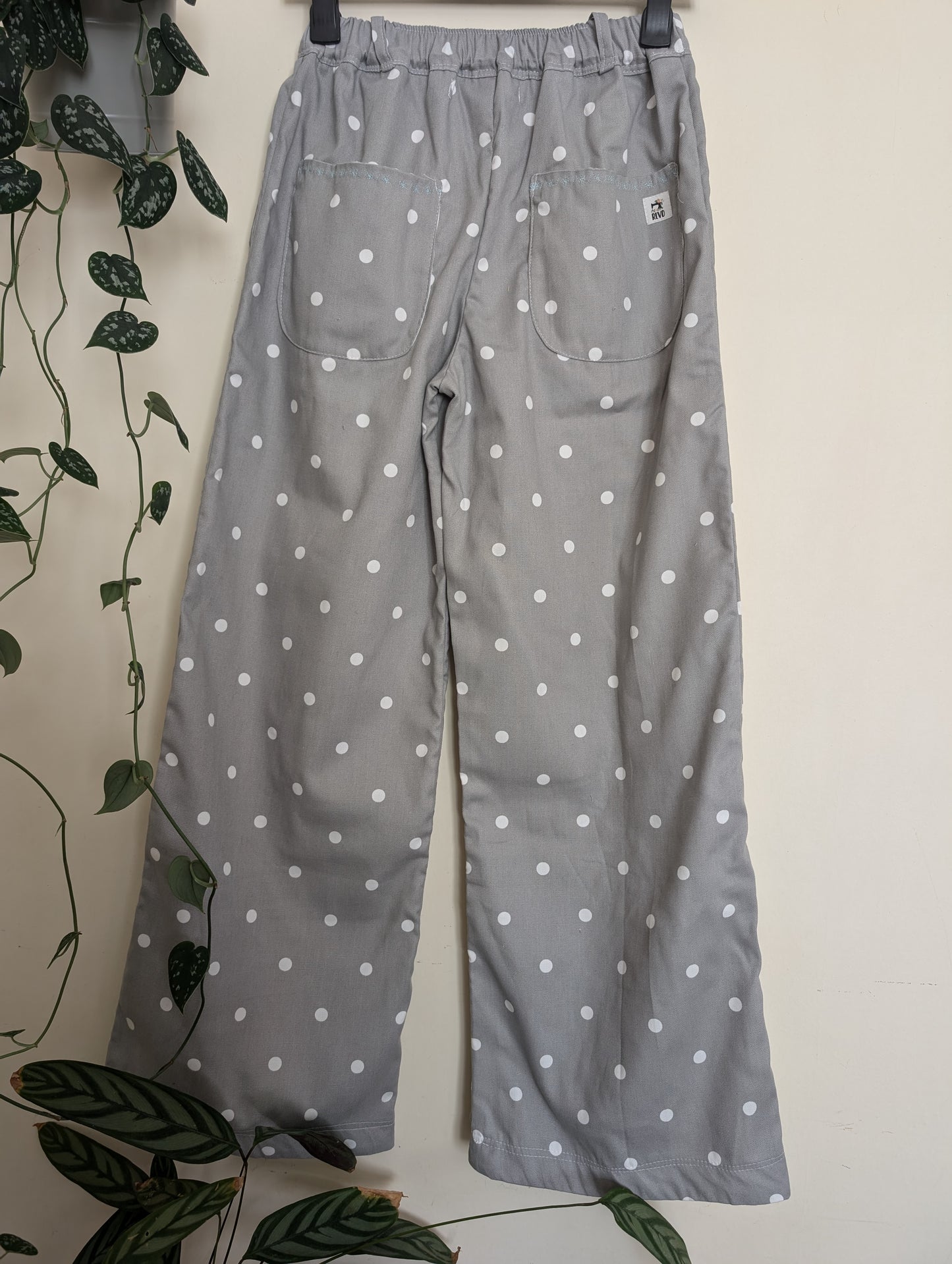 Trousers size 14, stretch waist trousers, reworked spotty grey wide leg trousers RelovedDesignsbyDawn