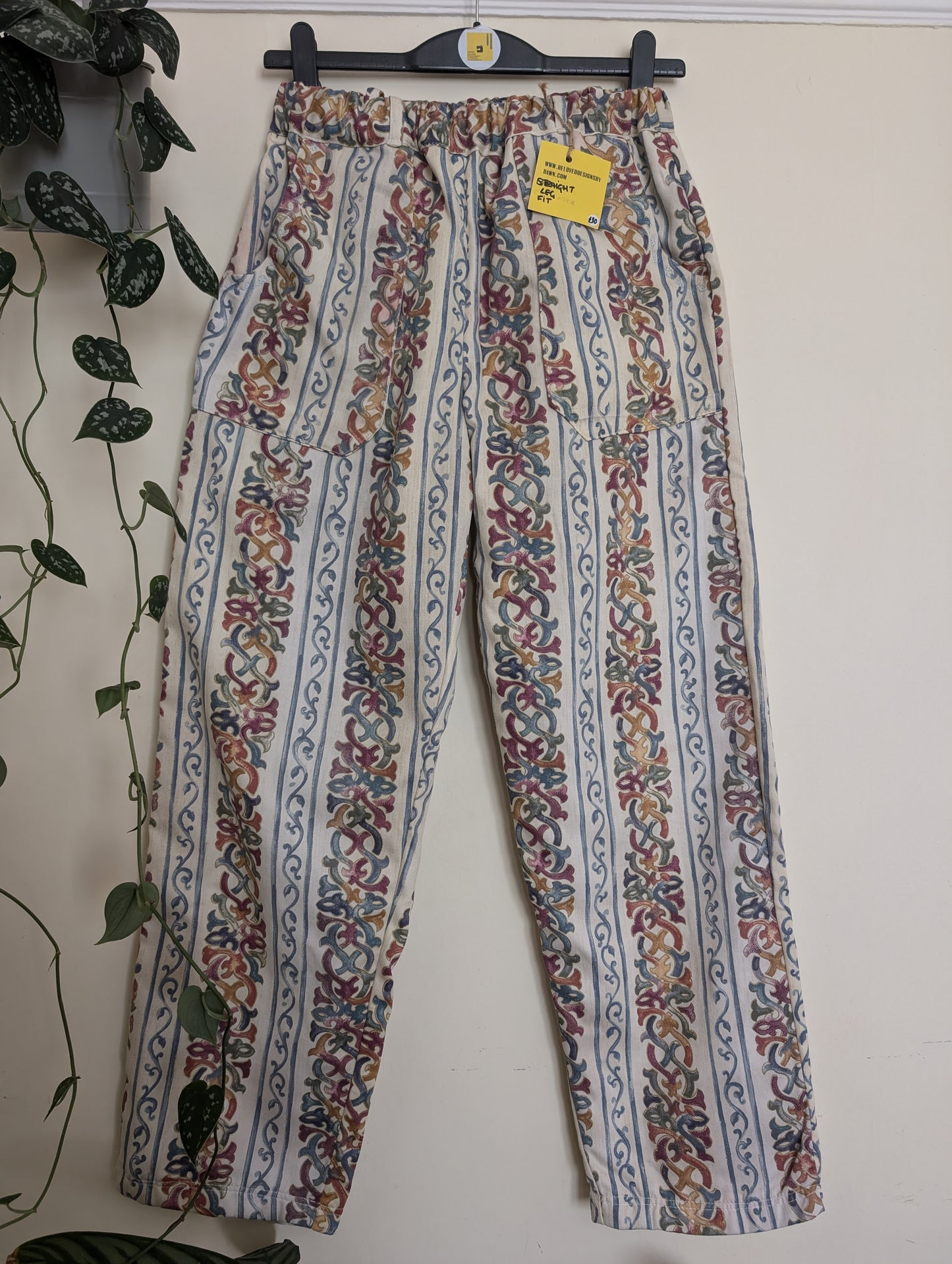 Trousers size 14, stretch waist trousers, reworked stripes floral straight leg trousers RelovedDesignsbyDawn