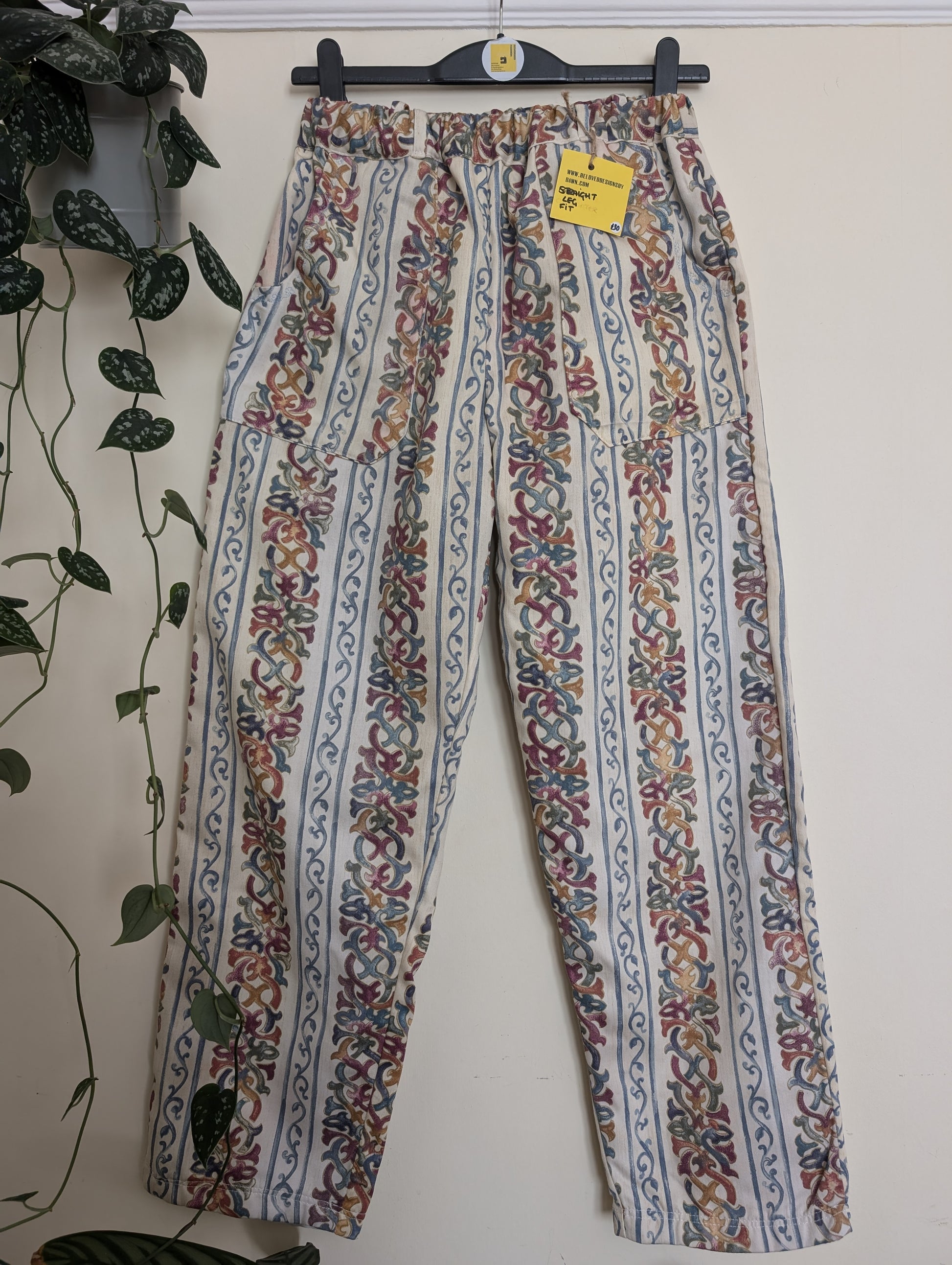 Trousers size 14, stretch waist trousers, reworked stripes floral straight leg trousers RelovedDesignsbyDawn