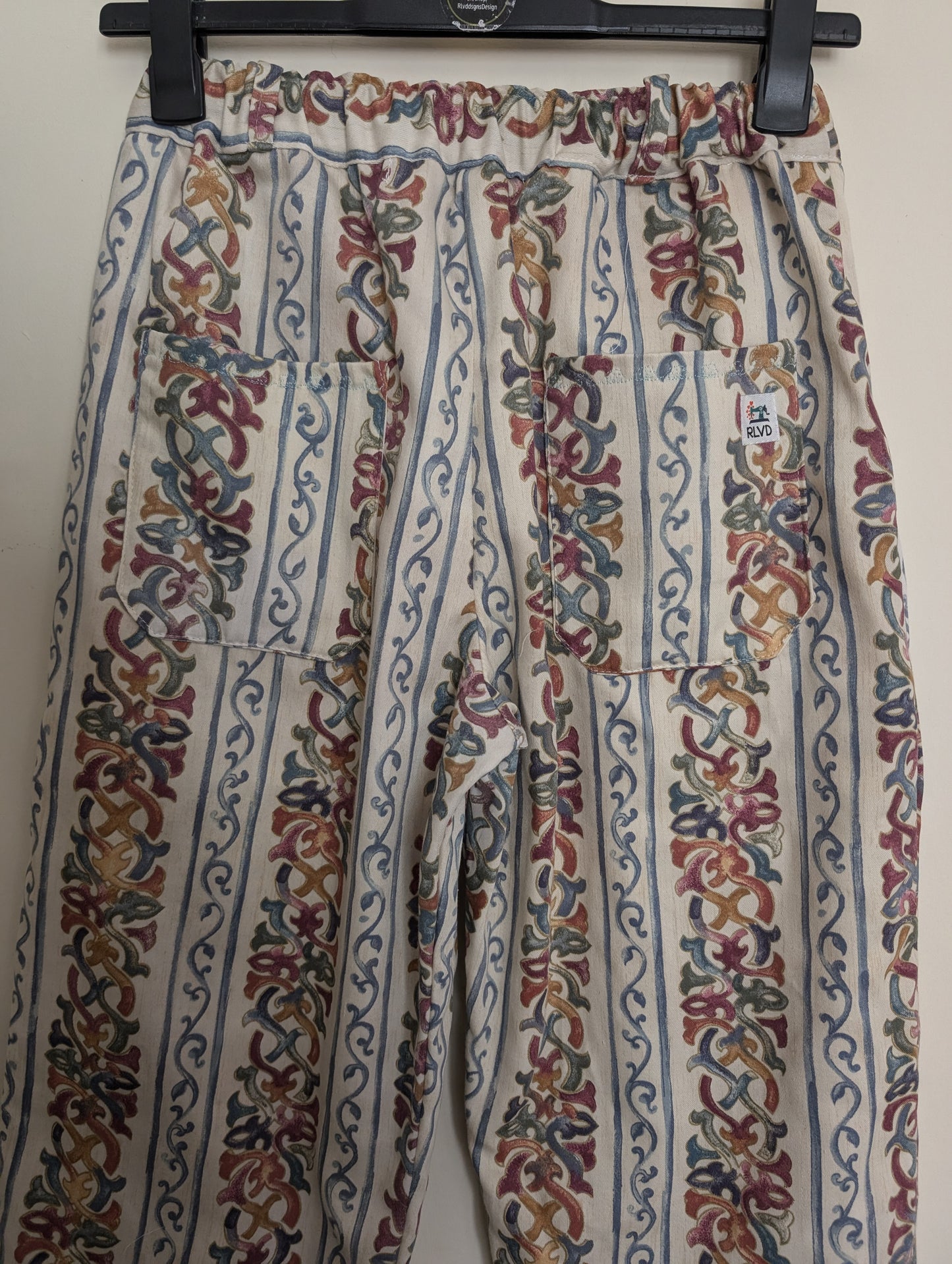 Trousers size 14, stretch waist trousers, reworked stripes floral straight leg trousers RelovedDesignsbyDawn