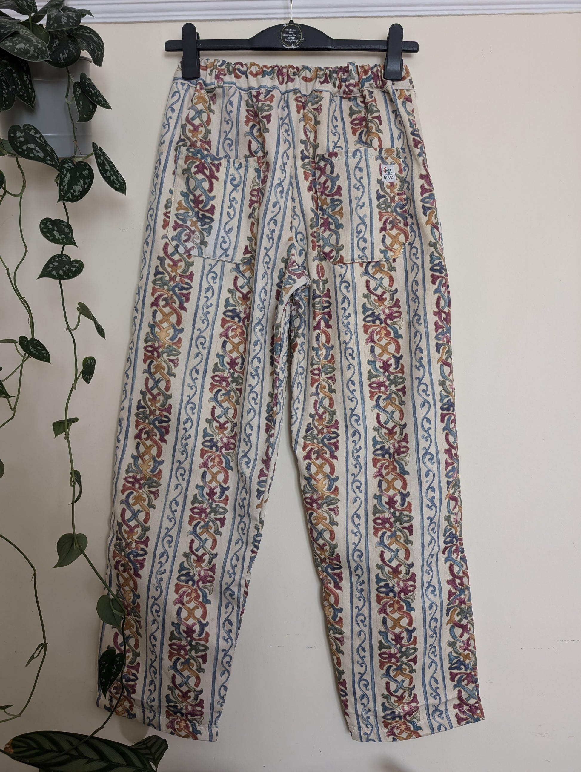 Trousers size 14, stretch waist trousers, reworked stripes floral straight leg trousers RelovedDesignsbyDawn