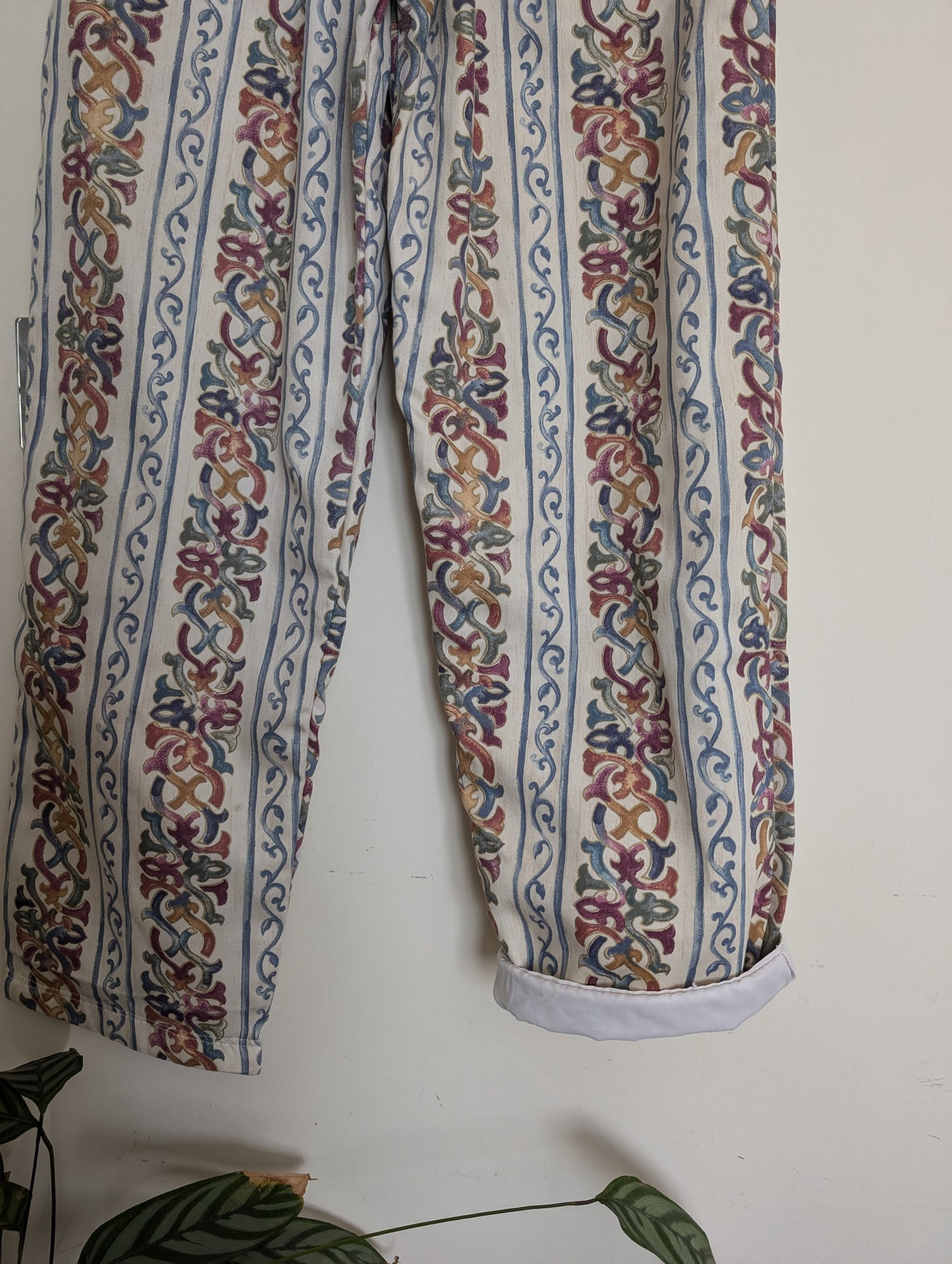 Trousers size 14, stretch waist trousers, reworked stripes floral straight leg trousers RelovedDesignsbyDawn