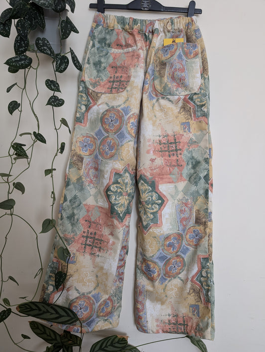 Trousers size 16, stretch waist trousers, reworked vintage floral abstract wide leg trousers RelovedDesignsbyDawn