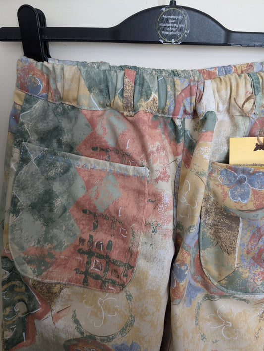 Trousers size 16, stretch waist trousers, reworked vintage floral abstract wide leg trousers RelovedDesignsbyDawn