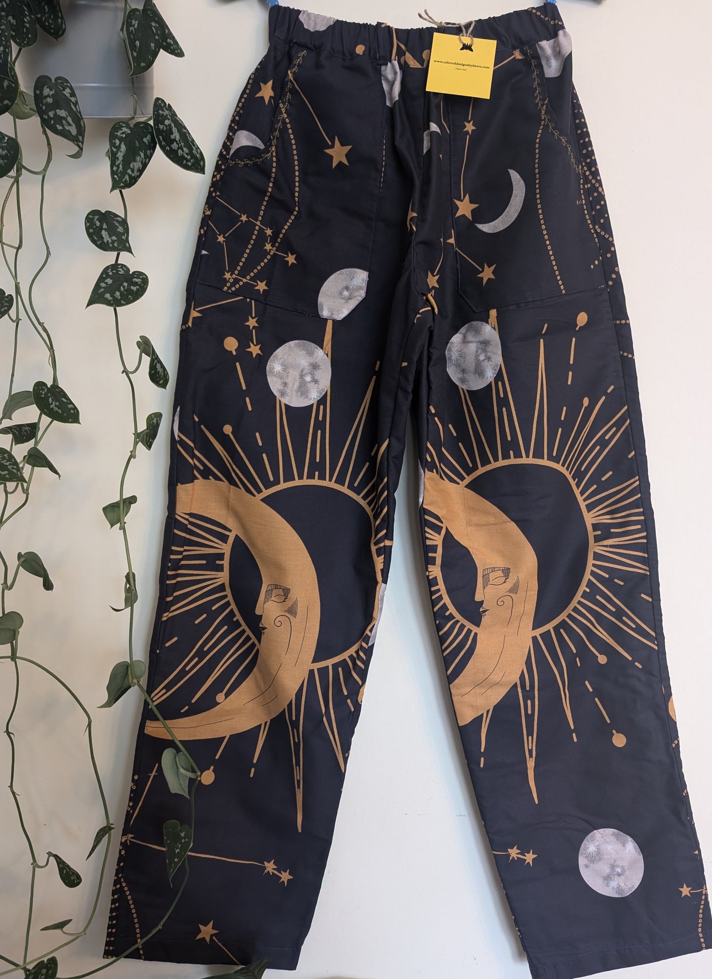 Trousers size 14, stretch waist trousers, celestial print, constellations pattern pants, reworked straight leg trousers RelovedDesignsbyDawn