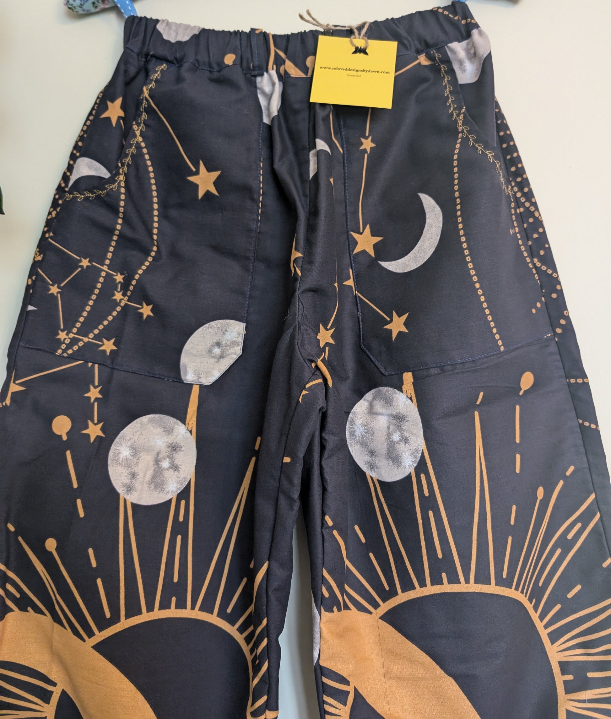 Trousers size 14, stretch waist trousers, celestial print, constellations pattern pants, reworked straight leg trousers RelovedDesignsbyDawn