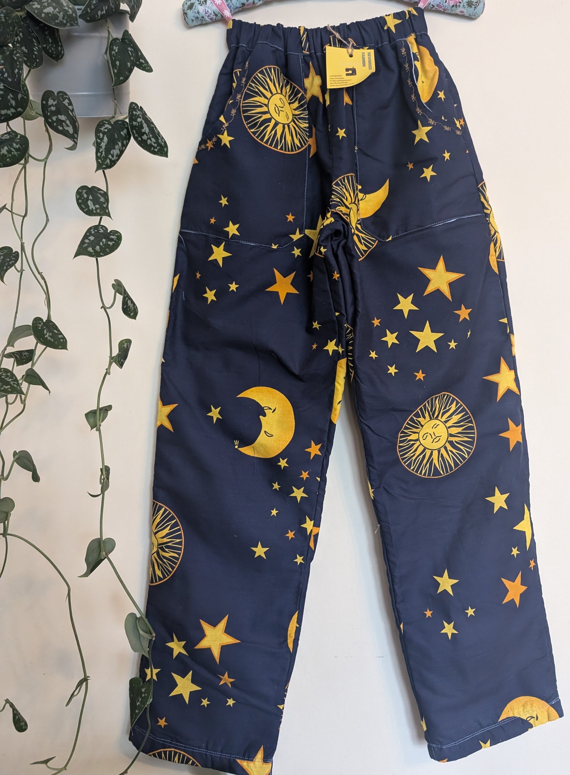 Trousers size 12, stretch waist trousers, celestial print, constellations pattern pants, reworked straight leg trousers RelovedDesignsbyDawn