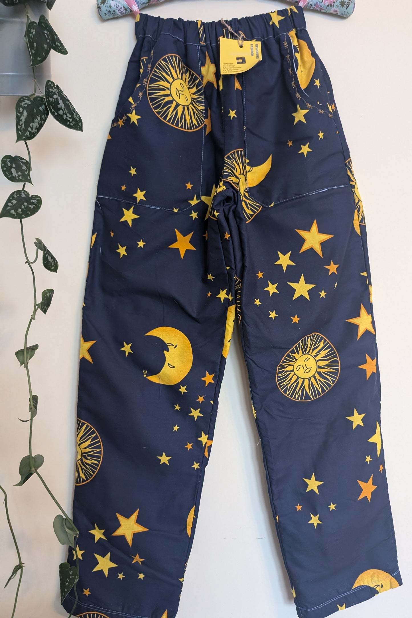 Trousers size 12, stretch waist trousers, celestial print, constellations pattern pants, reworked straight leg trousers RelovedDesignsbyDawn