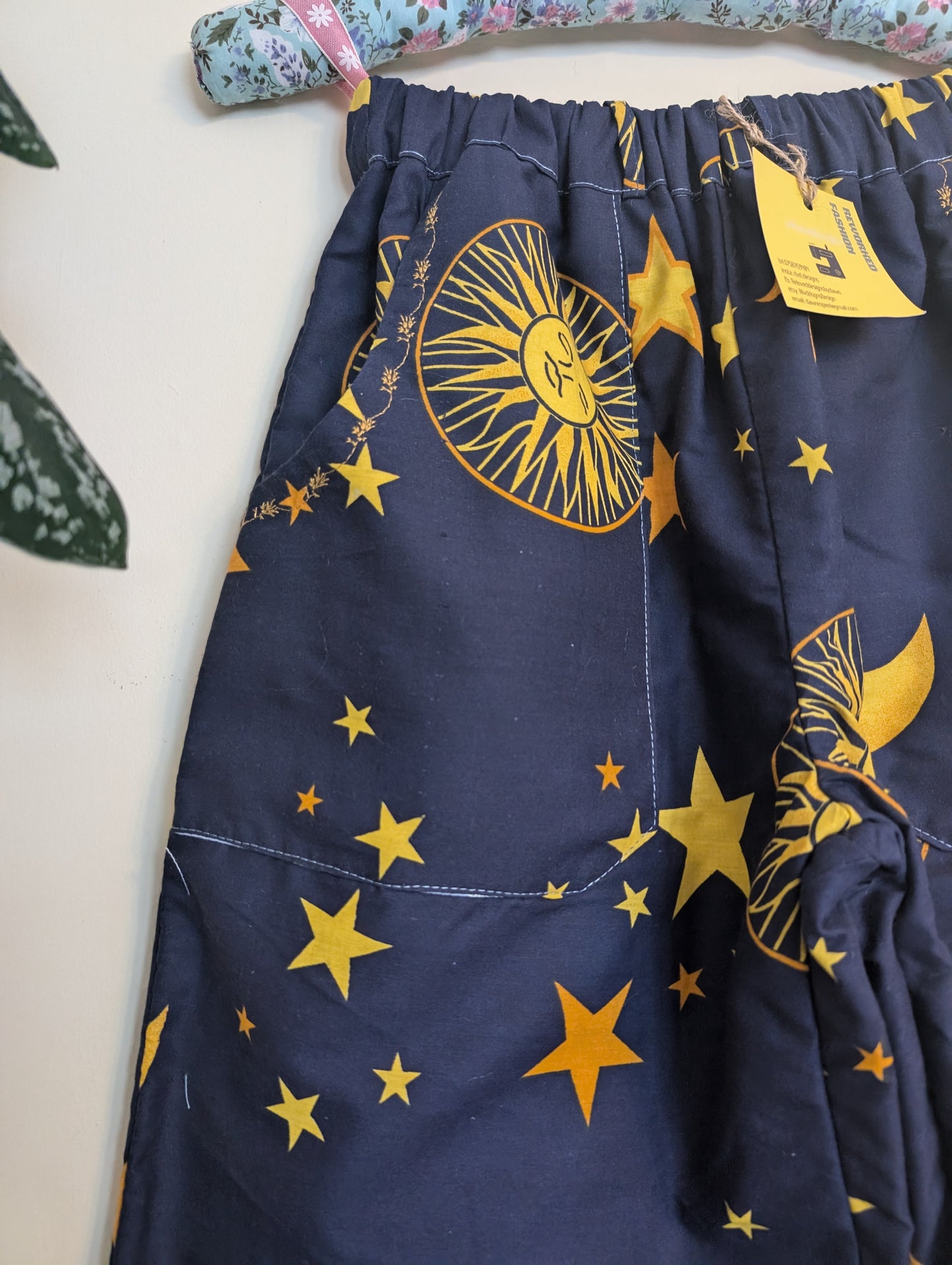 Trousers size 12, stretch waist trousers, celestial print, constellations pattern pants, reworked straight leg trousers RelovedDesignsbyDawn