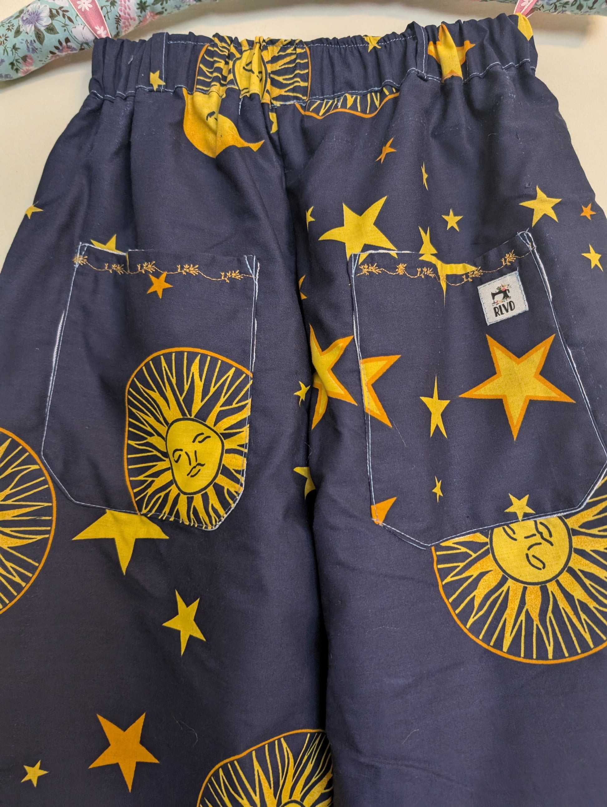 Trousers size 12, stretch waist trousers, celestial print, constellations pattern pants, reworked straight leg trousers RelovedDesignsbyDawn