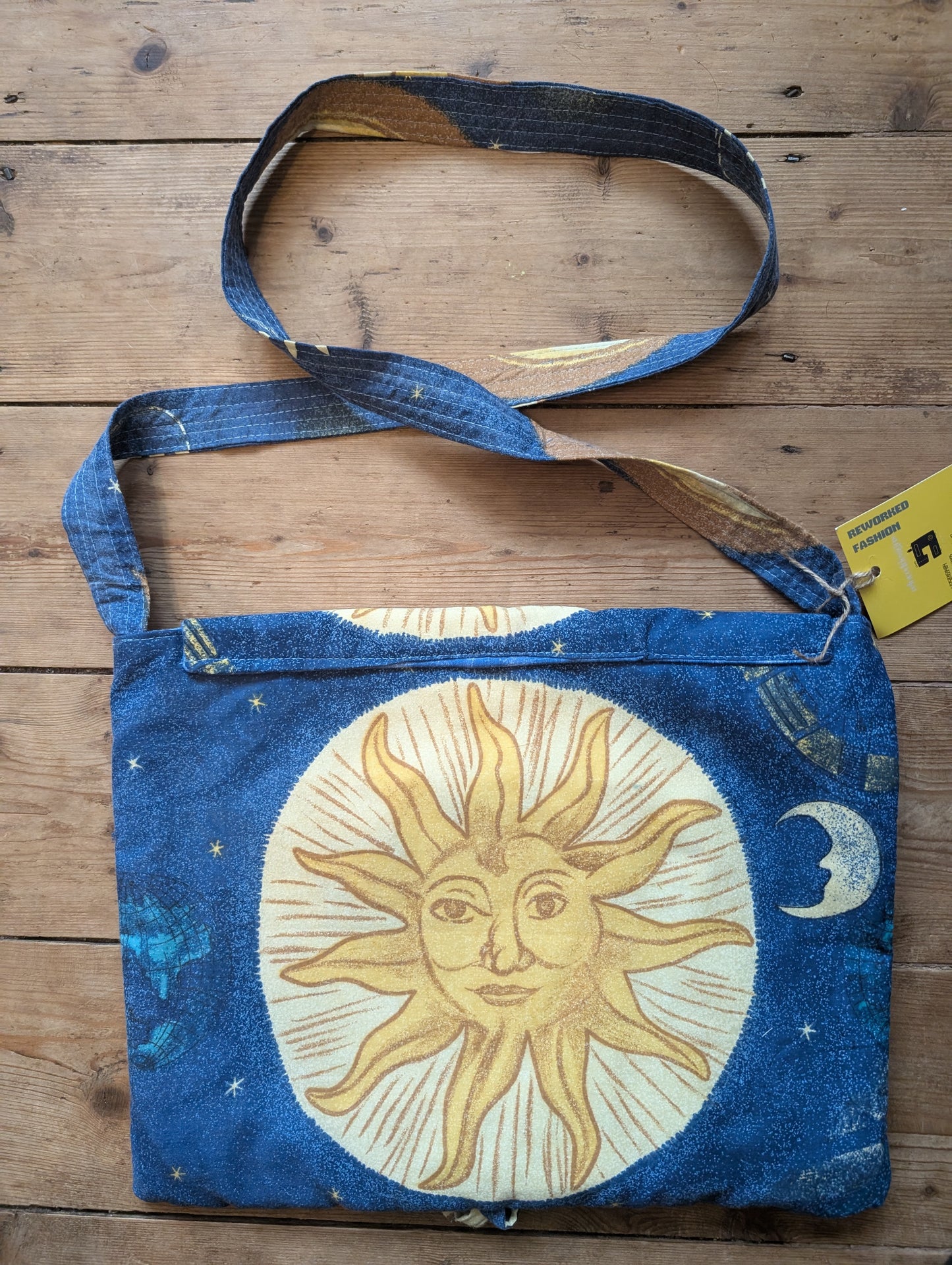 cross body bag, parcel bag, postman bag, saddle bag, shoulder bag, suns and moons bag, celestial pattern bag, flap bag RelovedDesignsbyDawn