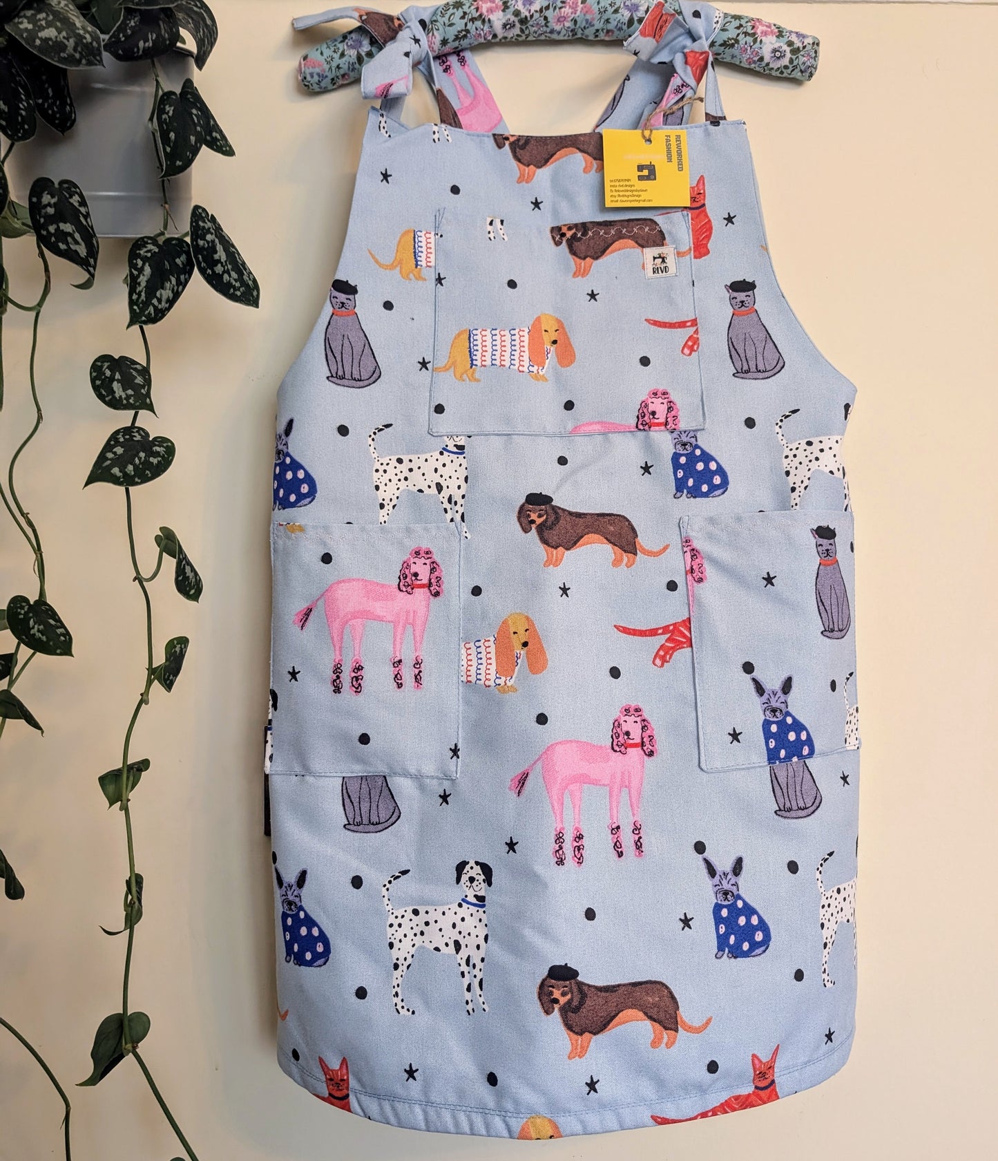 dress size 12, dog and cats pattern dress, pinafore dress, dungarees dress, tie top dress, apron dress, mini dress, pockets dress