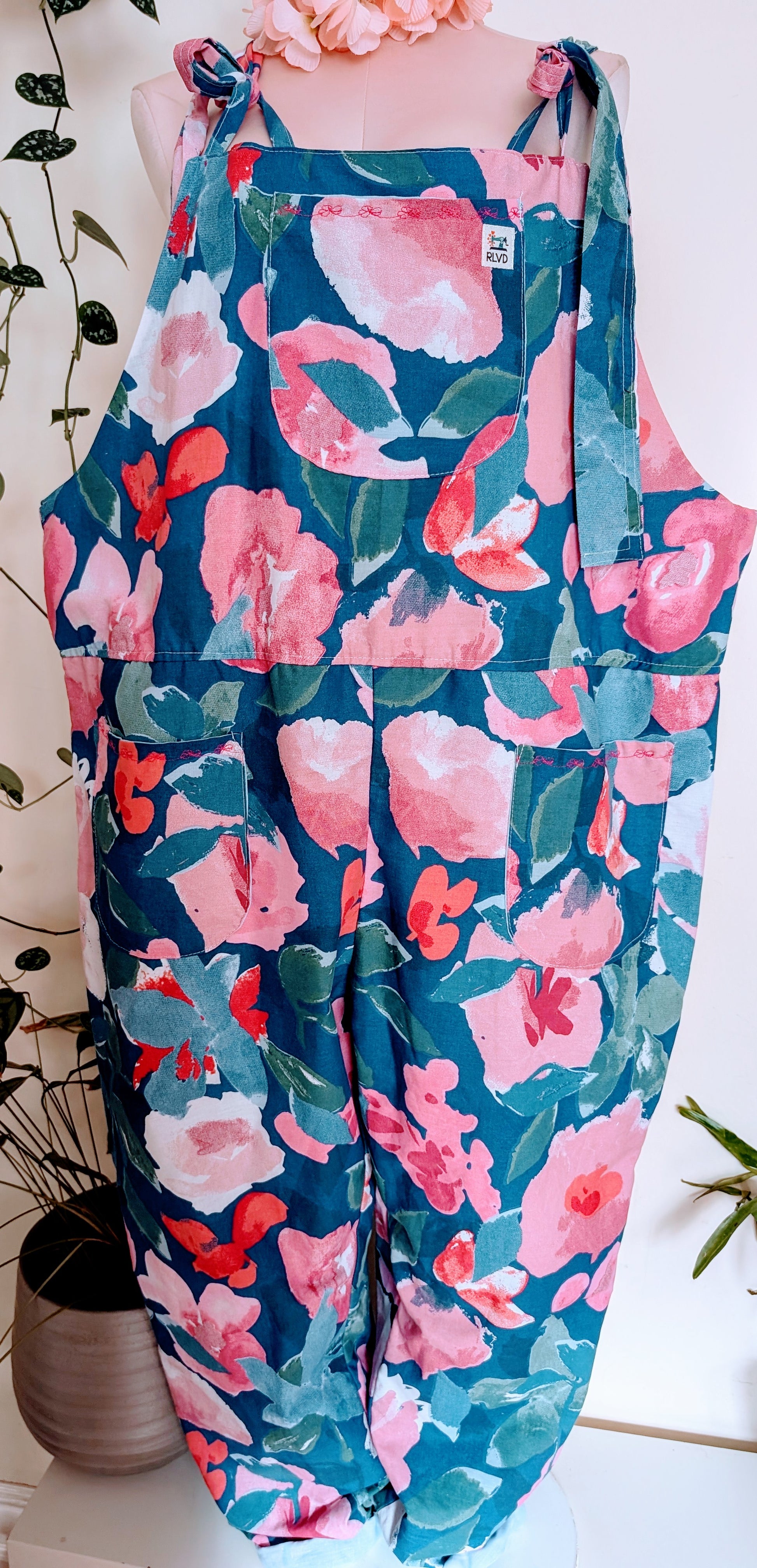 dungarees size 22,floral pink and blue pattern dungarees, plus size dungarees, baggy dungarees, sustainable fashion dungarees RelovedDesignsbyDawn