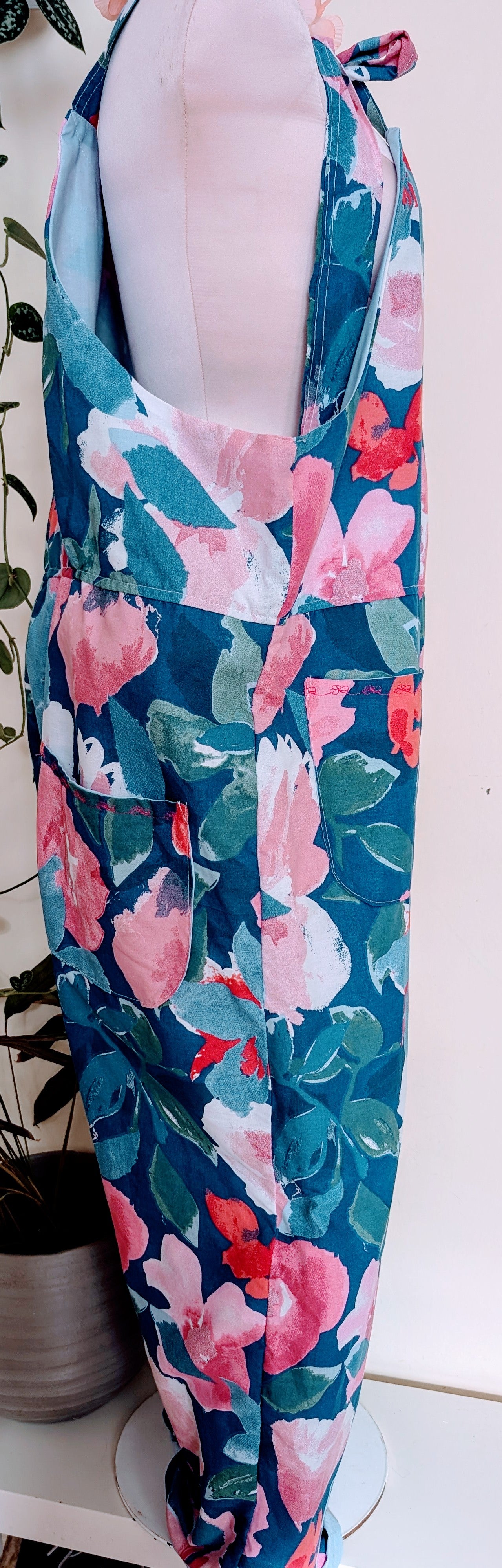 dungarees size 22,floral pink and blue pattern dungarees, plus size dungarees, baggy dungarees, sustainable fashion dungarees RelovedDesignsbyDawn