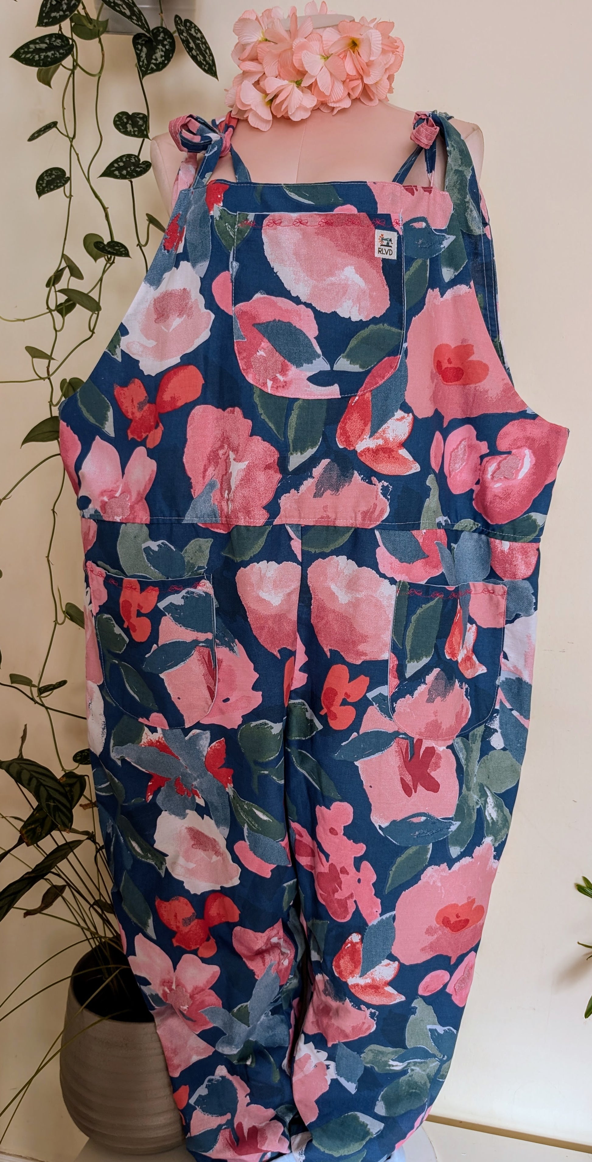 dungarees size 22,floral pink and blue pattern dungarees, plus size dungarees, baggy dungarees, sustainable fashion dungarees RelovedDesignsbyDawn