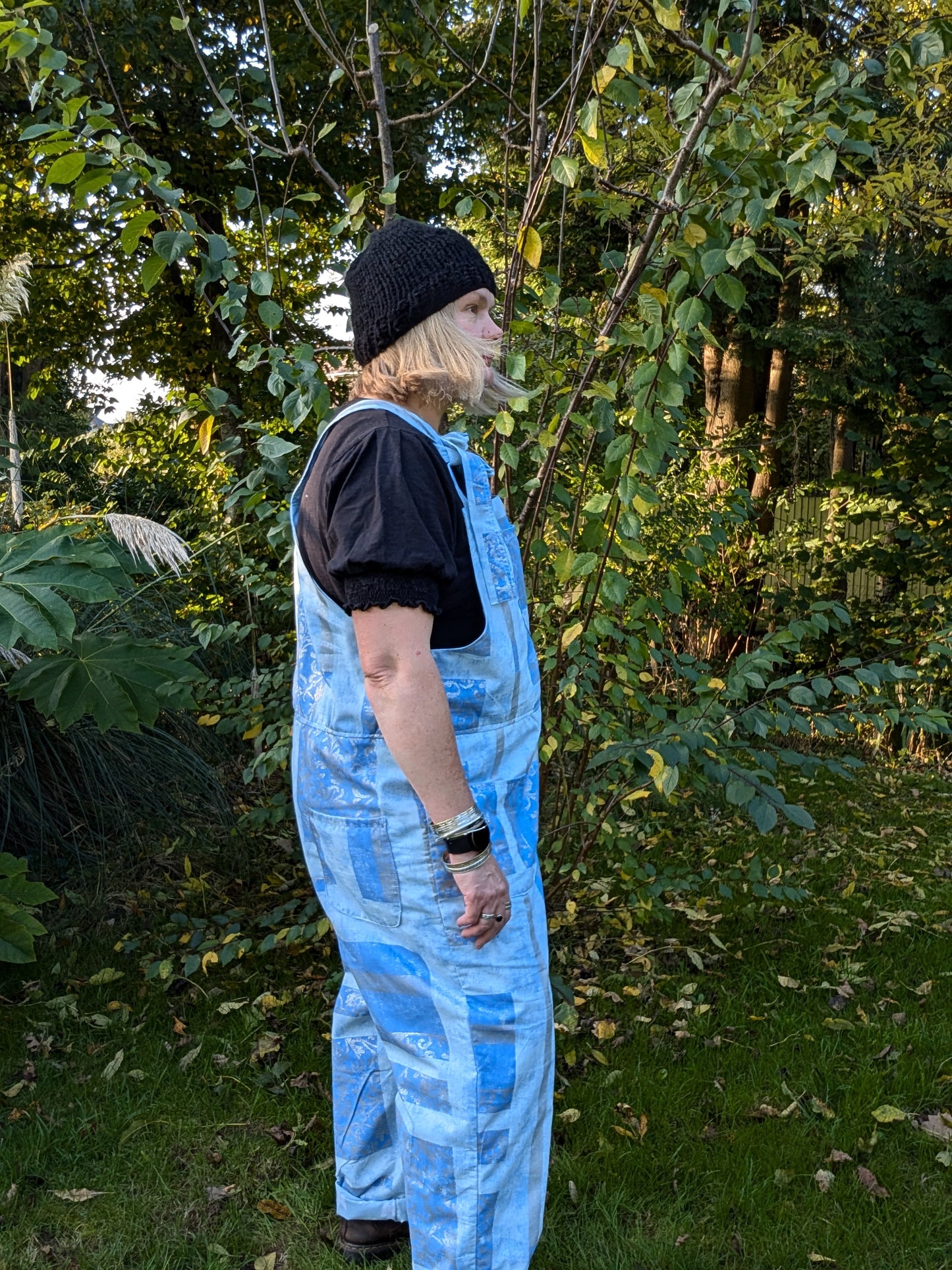 dungarees size 22, abstract silver and blue pattern dungarees, plus size dungarees RelovedDesignsbyDawn