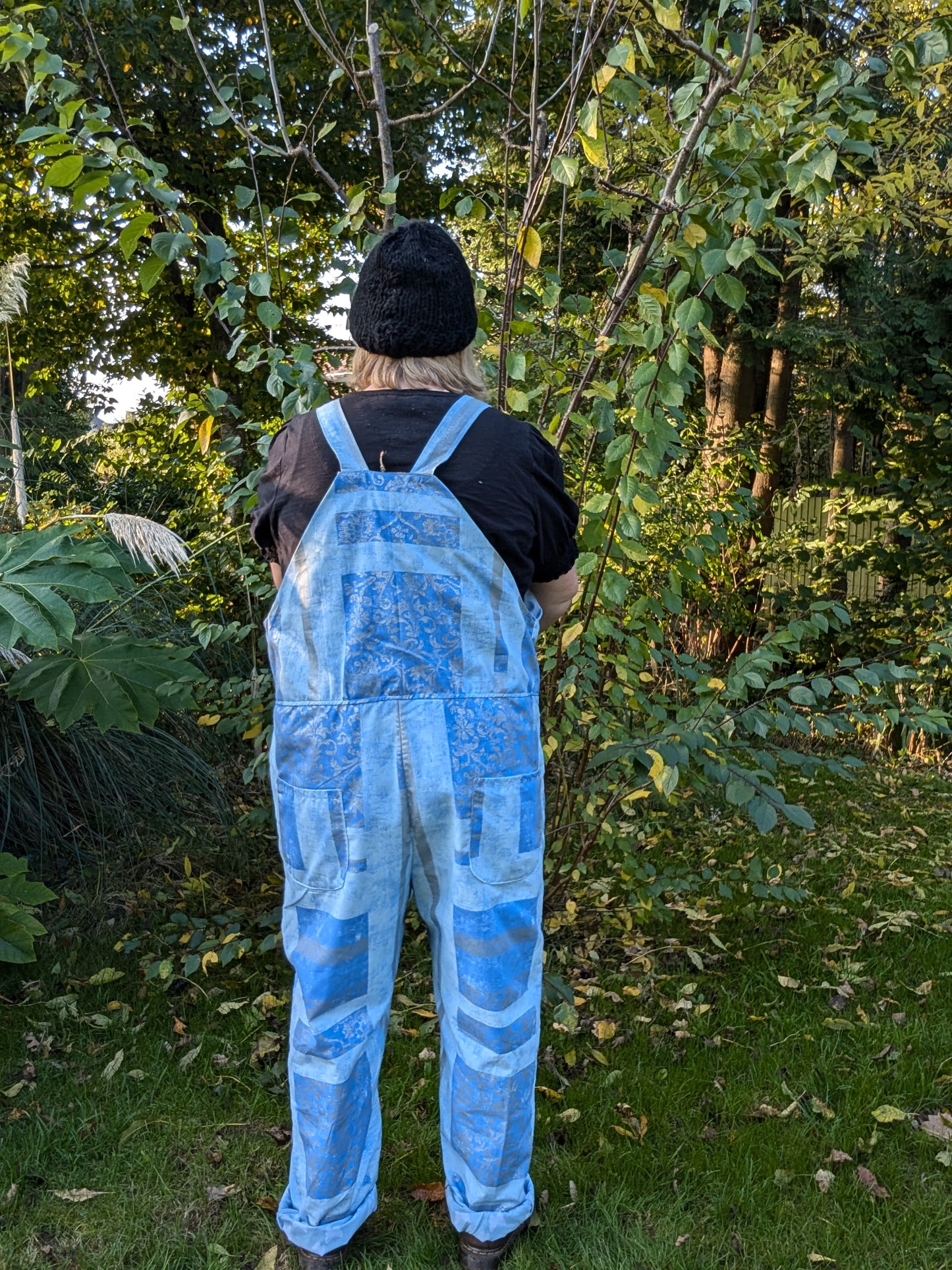 dungarees size 22, abstract silver and blue pattern dungarees, plus size dungarees RelovedDesignsbyDawn