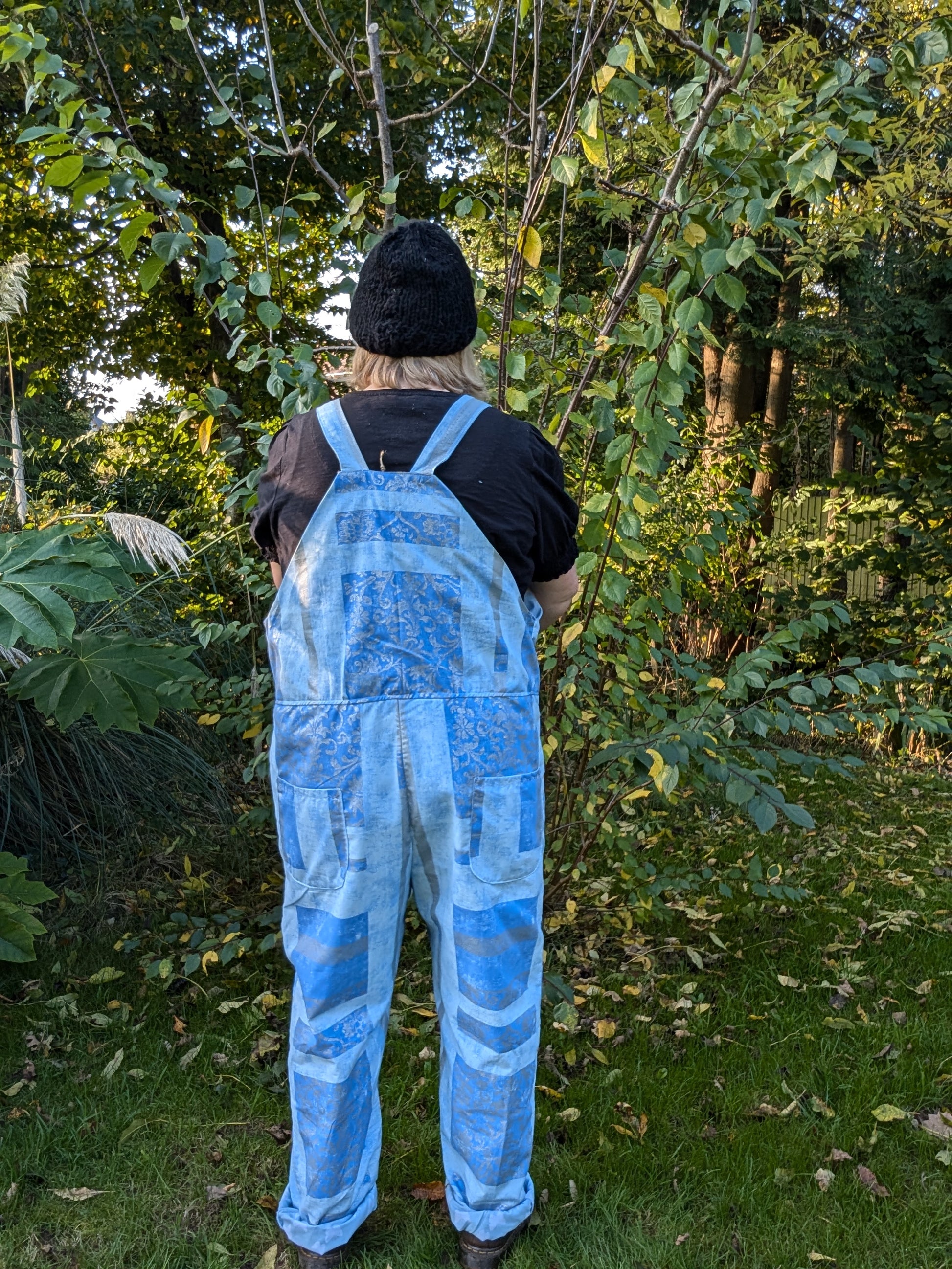 dungarees size 22, abstract silver and blue pattern dungarees, plus size dungarees RelovedDesignsbyDawn