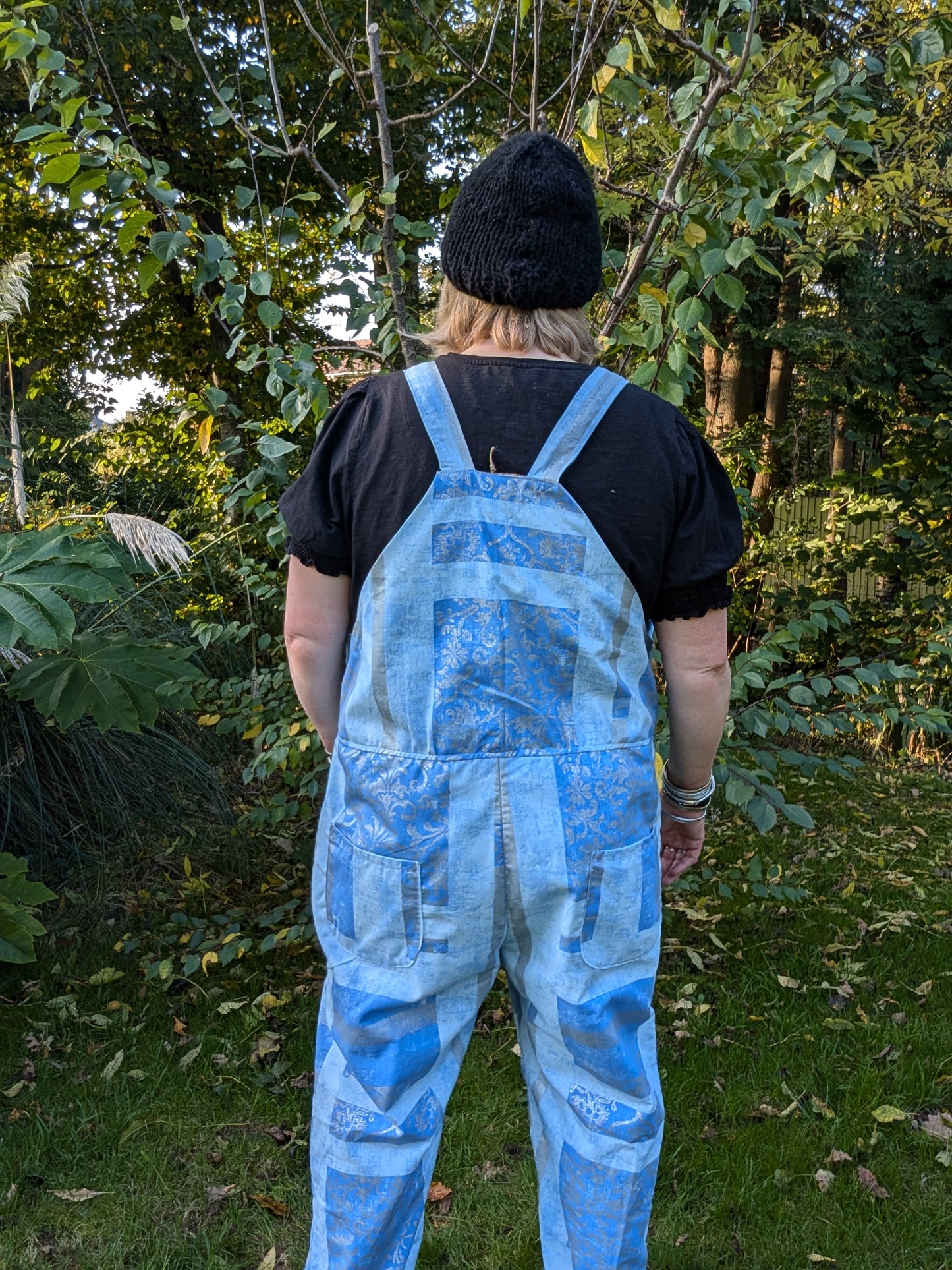 dungarees size 22, abstract silver and blue pattern dungarees, plus size dungarees RelovedDesignsbyDawn