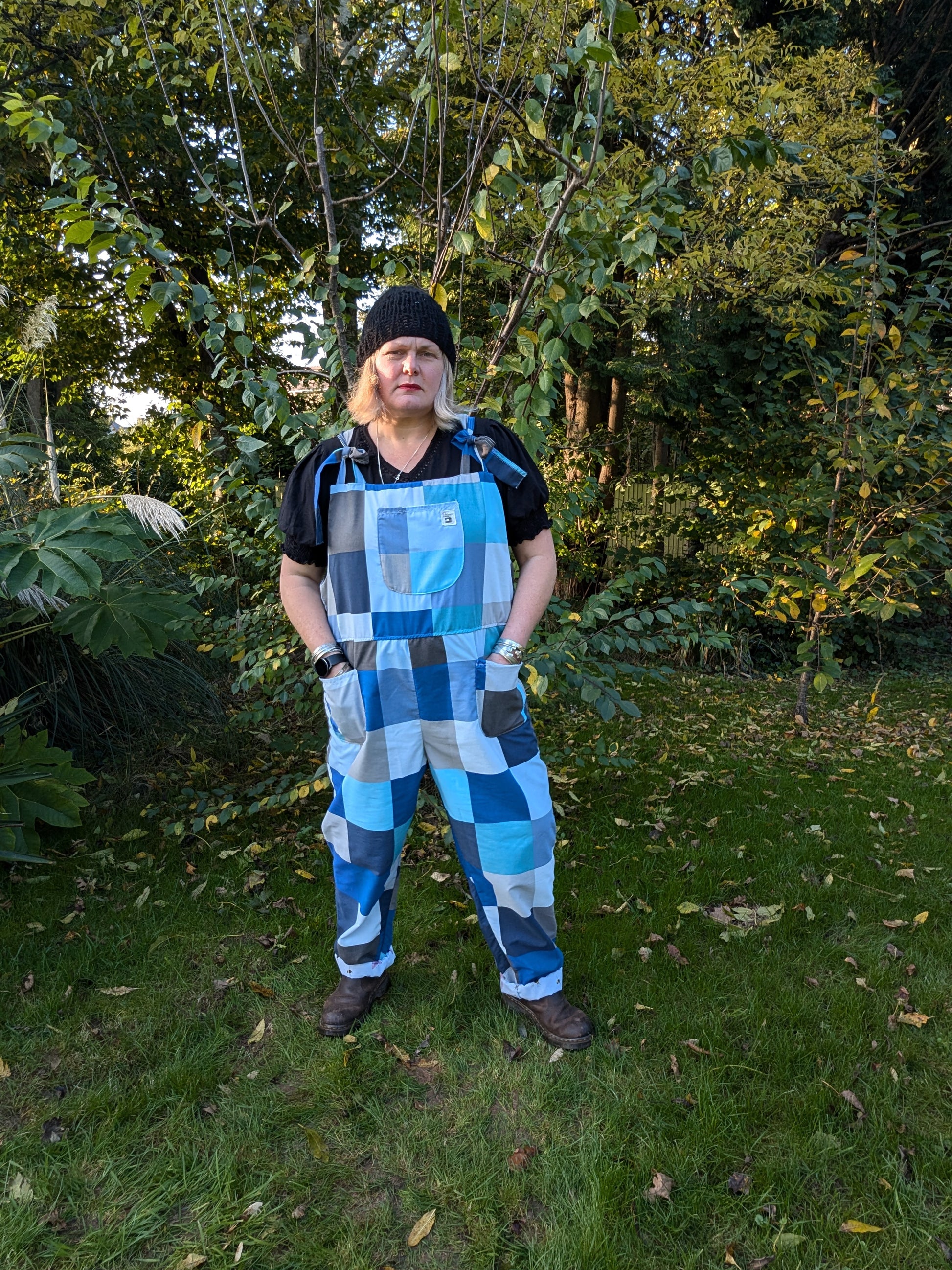 dungarees size 22, check blue pattern dungarees, plus size dungarees RelovedDesignsbyDawn