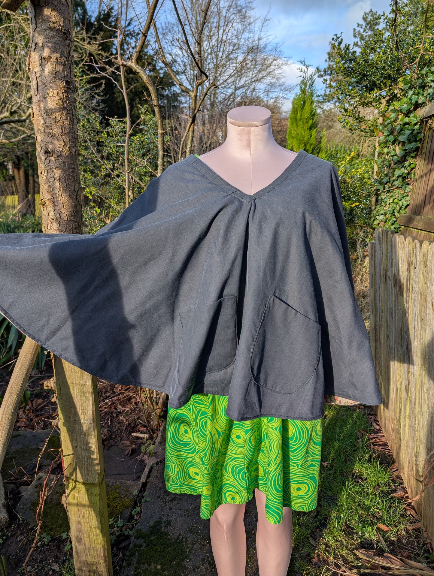 cape, poncho, black cape ladies, reversible poncho, floral cape, short cloak, shawl, warm wrap for shoulders, country barn rustic outfit