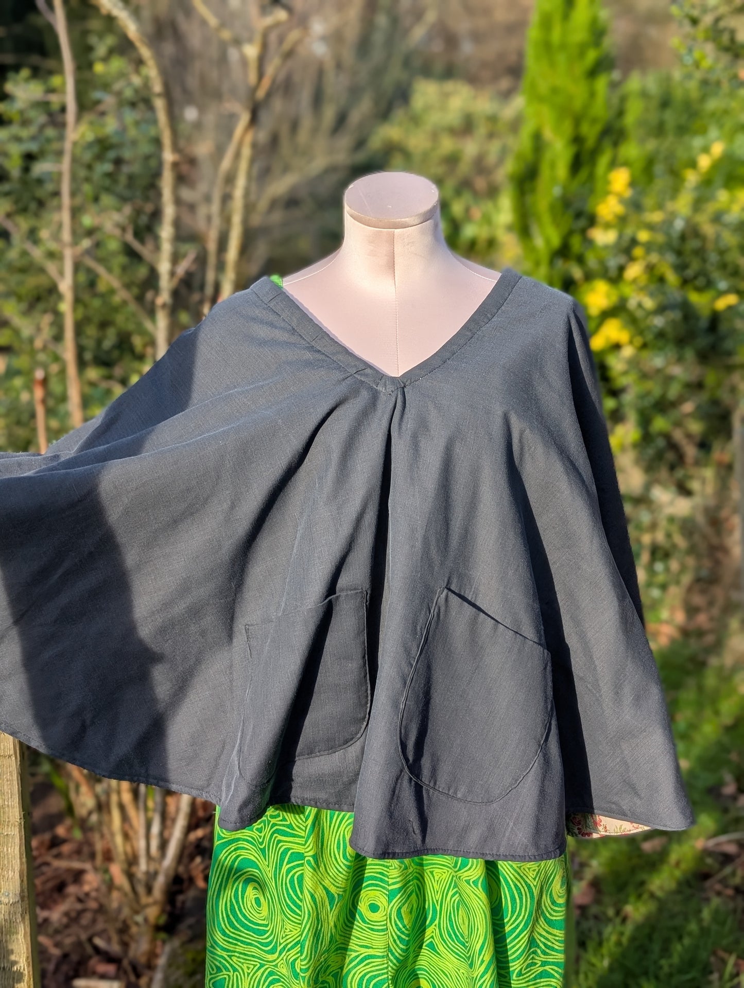 cape, poncho, black cape ladies, reversible poncho, floral cape, short cloak, shawl, warm wrap for shoulders, country barn rustic outfit