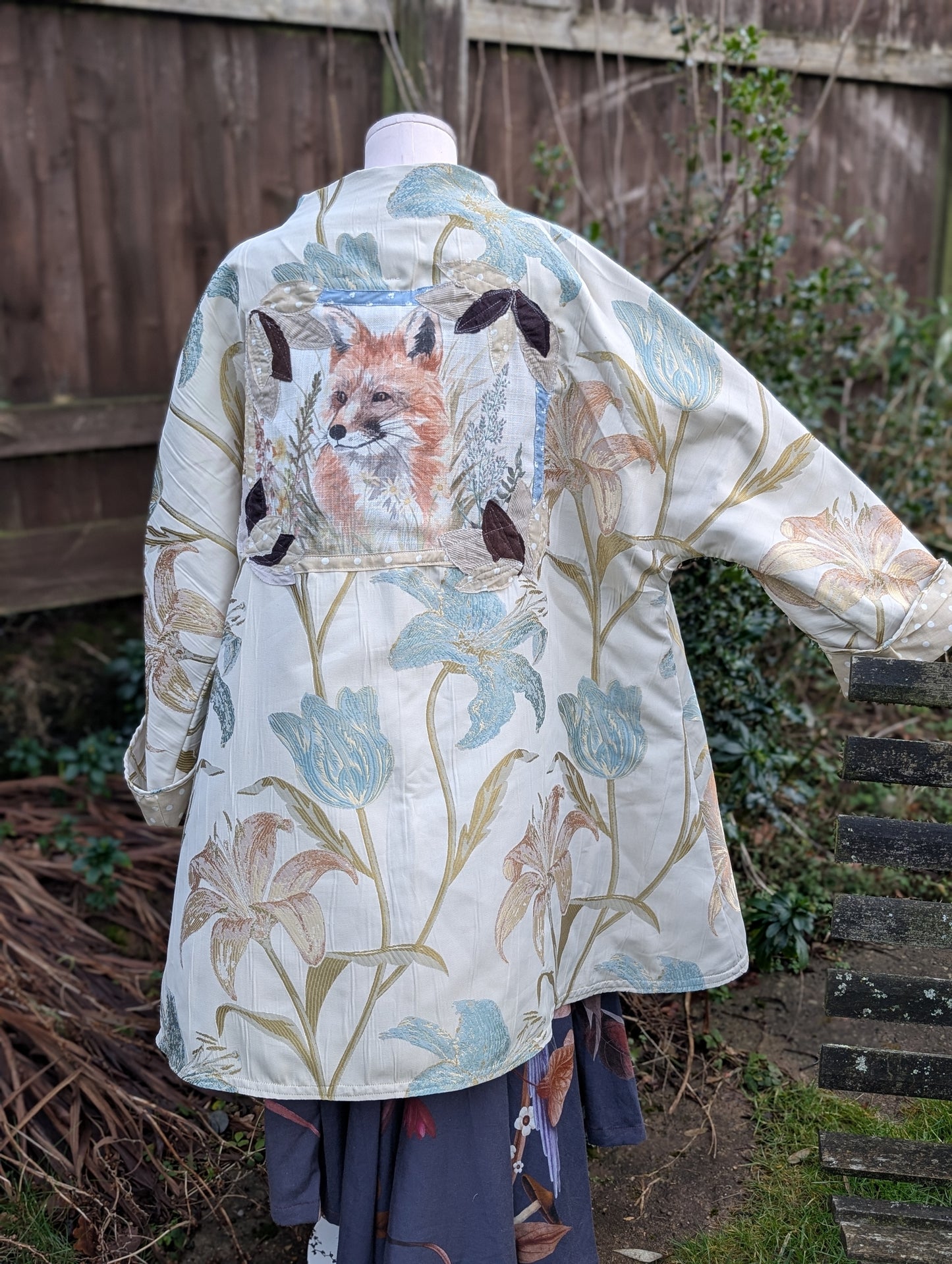 coat, kimono style coat, fox feature coat, swing coat, coat, autumn coat, floral coat, fox lovers clothes, tulips jacket, nature themed coat