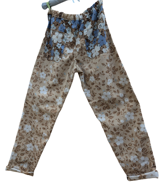 Cotton trousers size 8, Blue and brown floral Reloveddesigns by Dawn