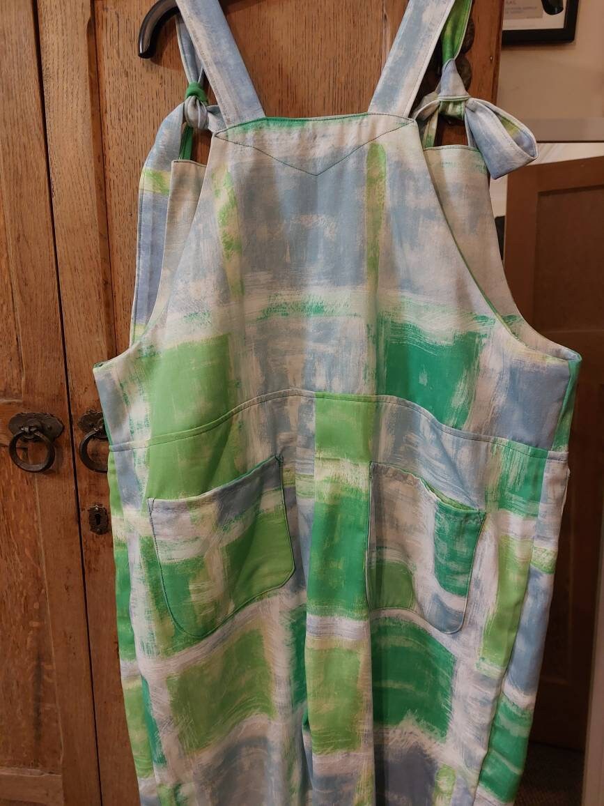 dungarees size 16/18/XL, ladies clothing, vintage pattern blue and green. upcycled reworked textiles.overalls, tie top Dungarees