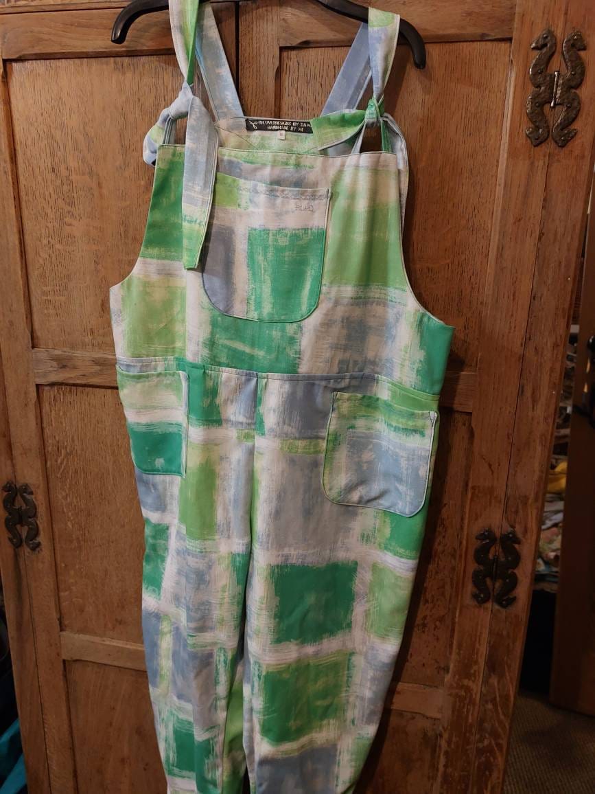 dungarees size 16/18/XL, ladies clothing, vintage pattern blue and green. upcycled reworked textiles.overalls, tie top Dungarees