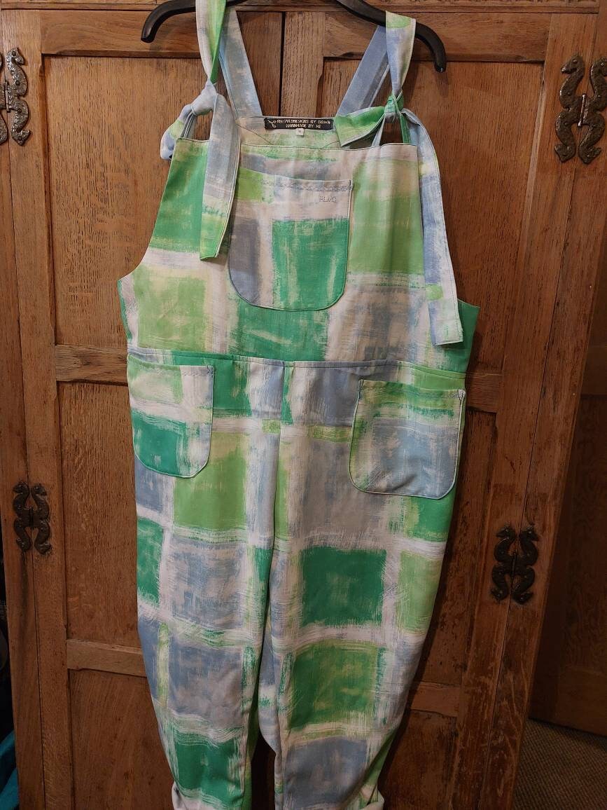 dungarees size 16/18/XL, ladies clothing, vintage pattern blue and green. upcycled reworked textiles.overalls, tie top Dungarees