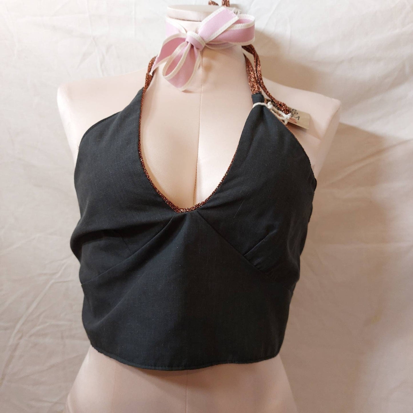 Cropped top reversable, glitter or black, tie back halter neck top, size m glitter top, upcycled reworked textiles top.