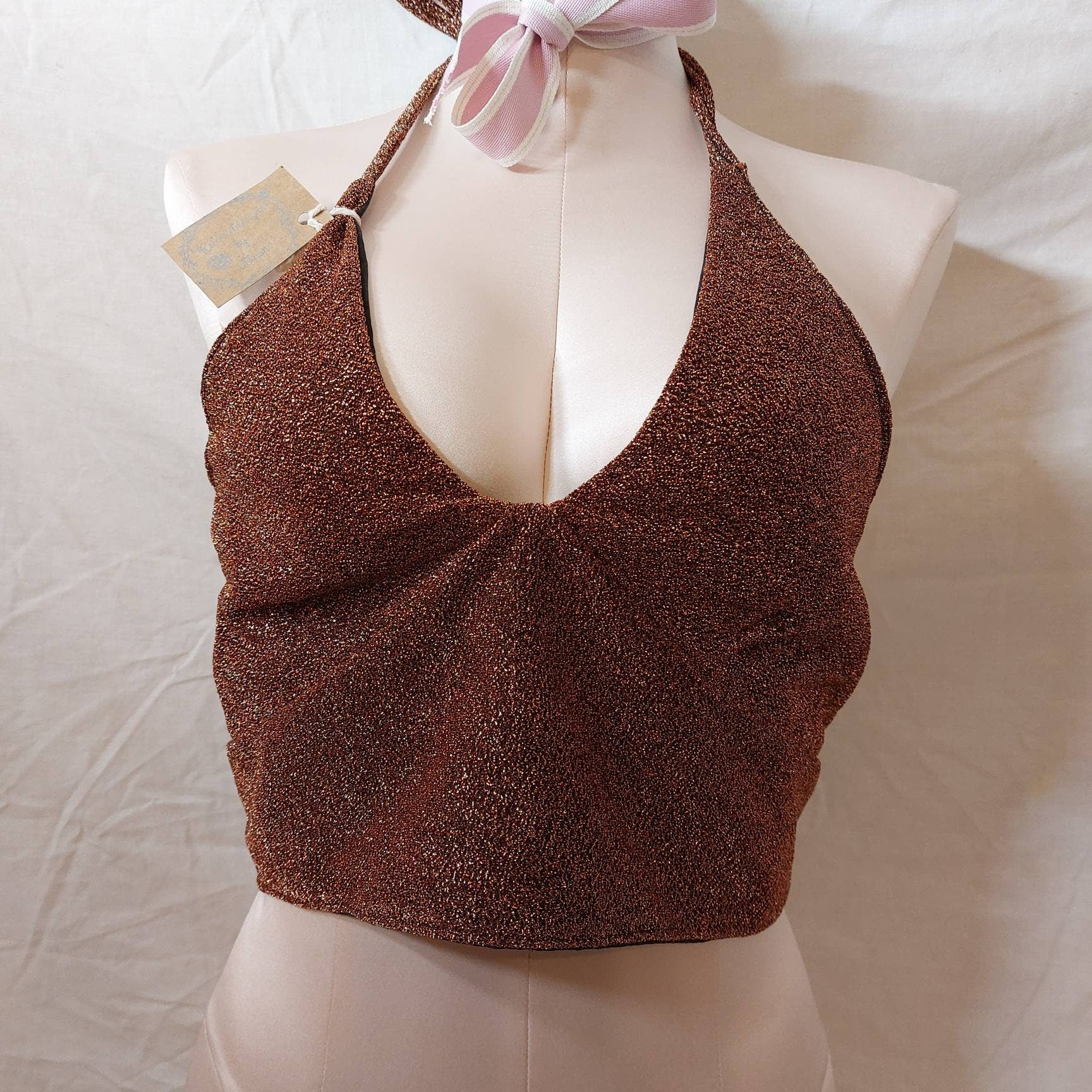 Cropped top reversable, glitter or black, tie back halter neck top, size m glitter top, upcycled reworked textiles top.