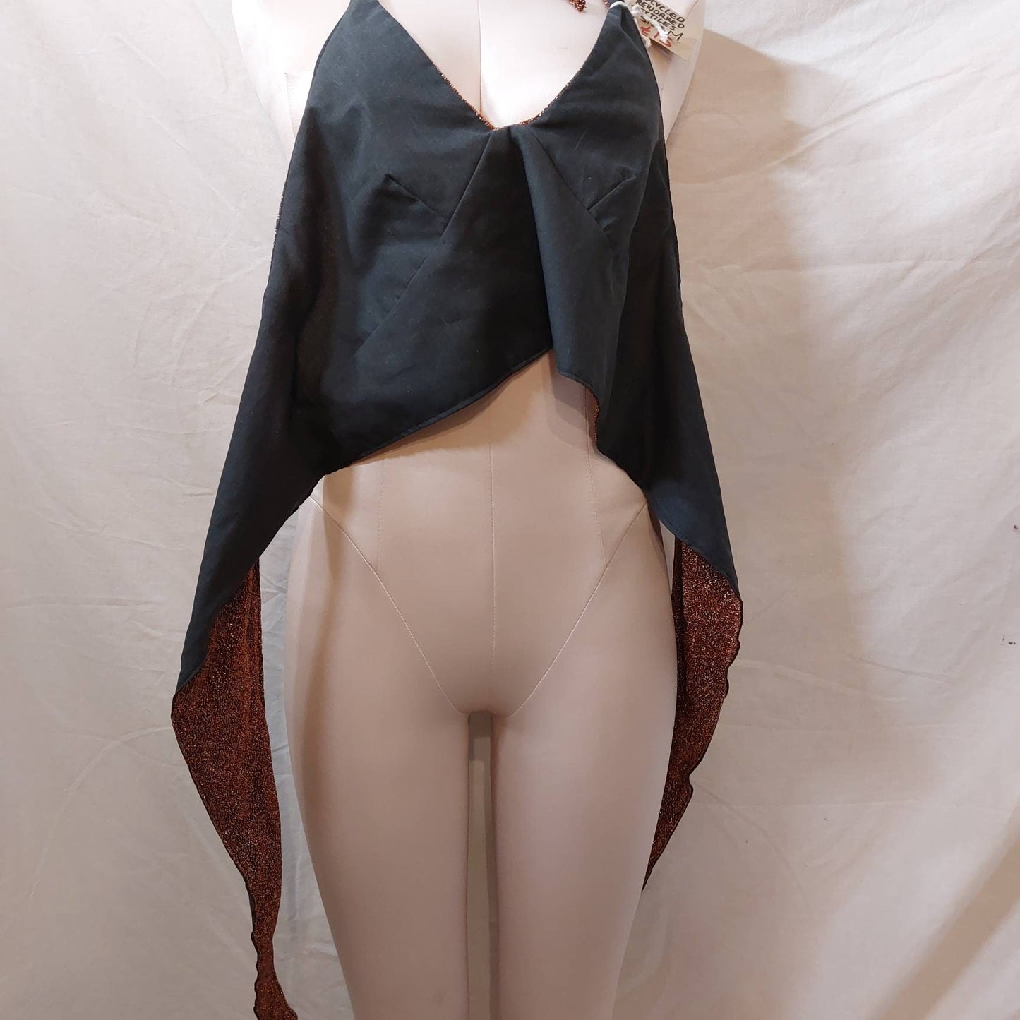 Cropped top reversable, glitter or black, tie back halter neck top, size m glitter top, upcycled reworked textiles top.