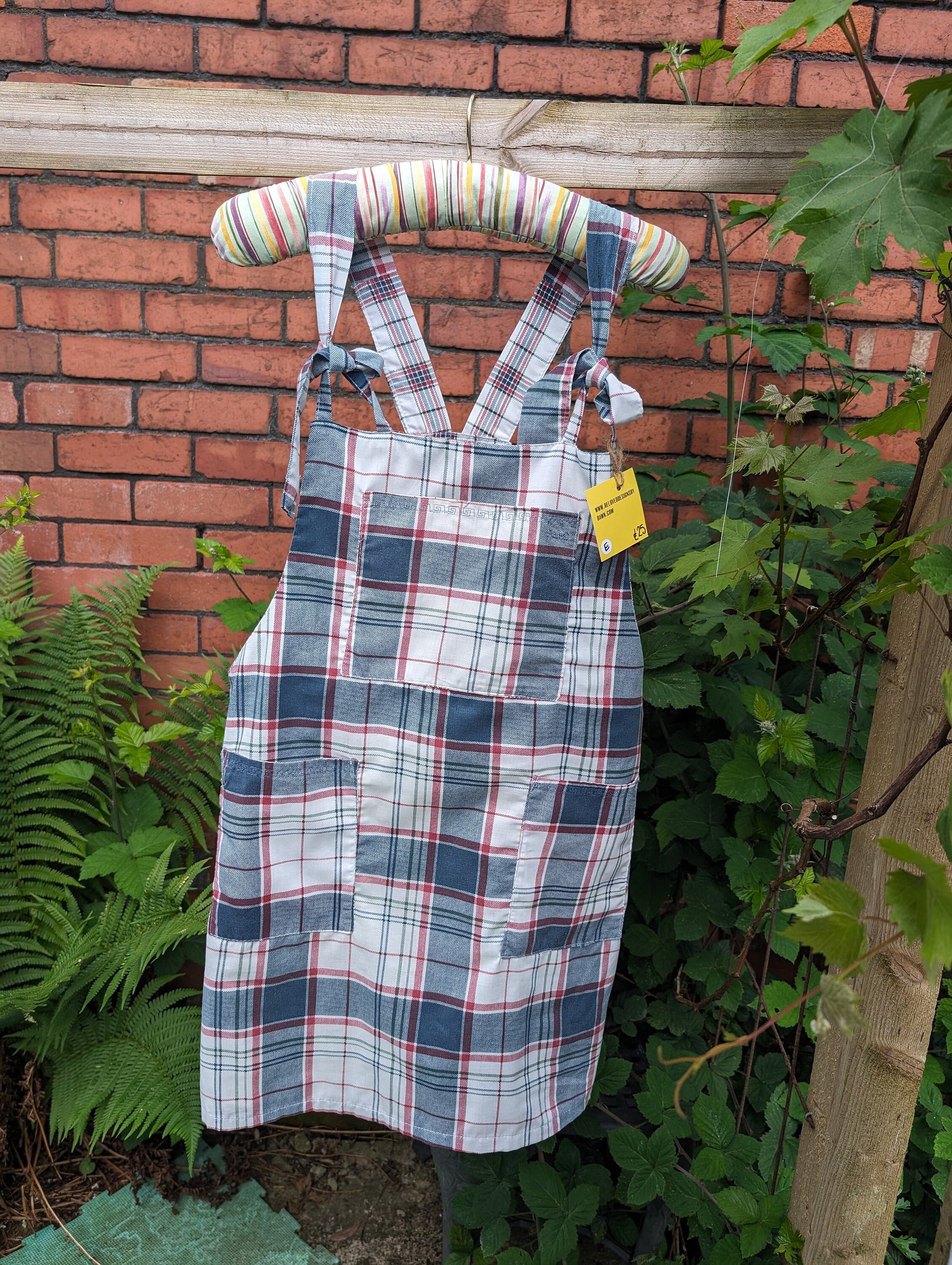 dress size 14, checked dress, pinafore dress, dungarees dress, tie top dress, apron dress, mini dress, pockets dress, blue dress, ladies