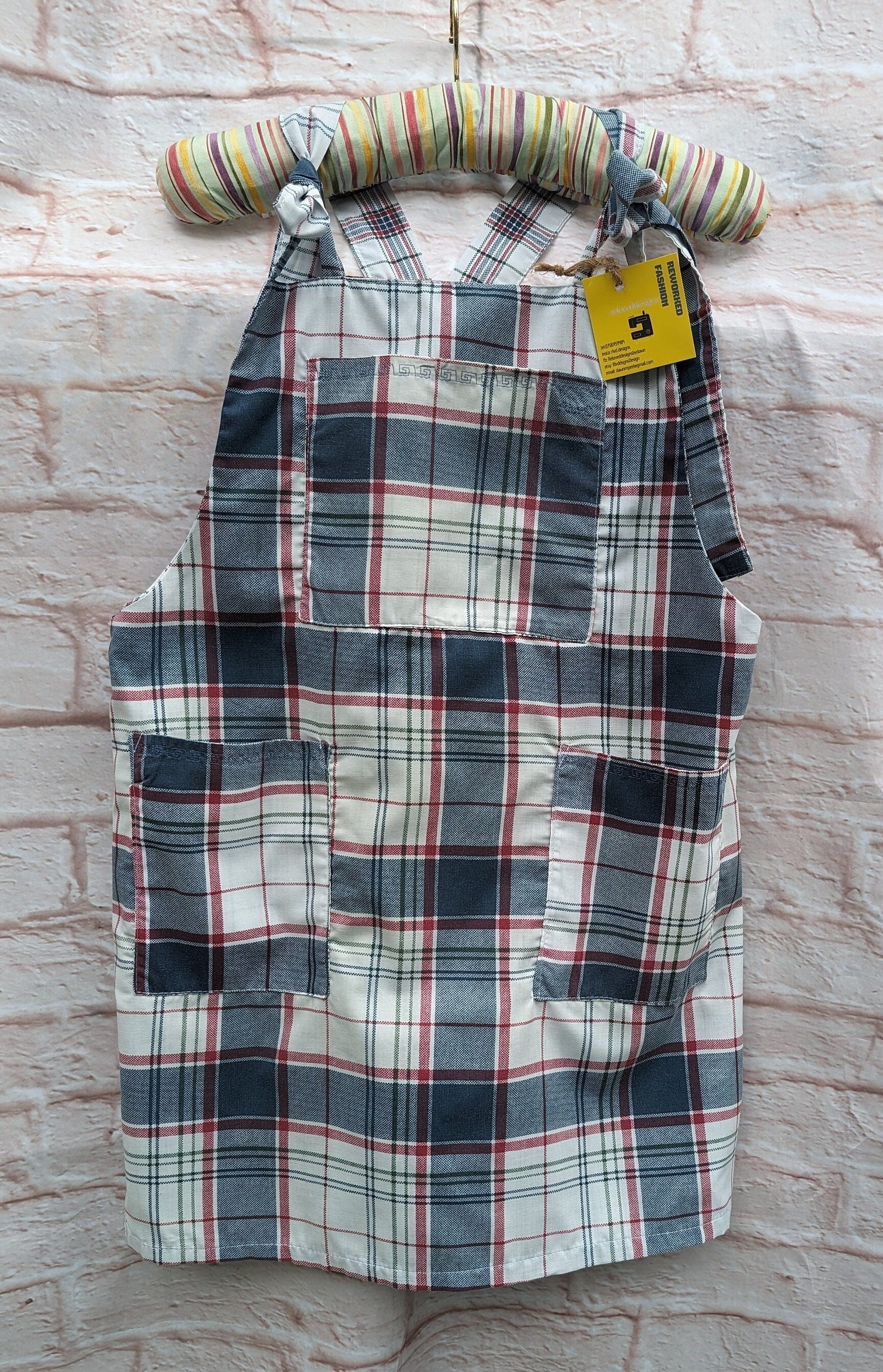 dress size 14, checked dress, pinafore dress, dungarees dress, tie top dress, apron dress, mini dress, pockets dress, blue dress, ladies