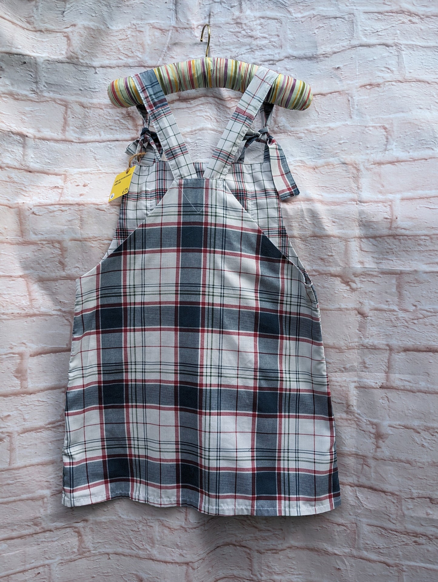 dress size 14, checked dress, pinafore dress, dungarees dress, tie top dress, apron dress, mini dress, pockets dress, blue dress, ladies