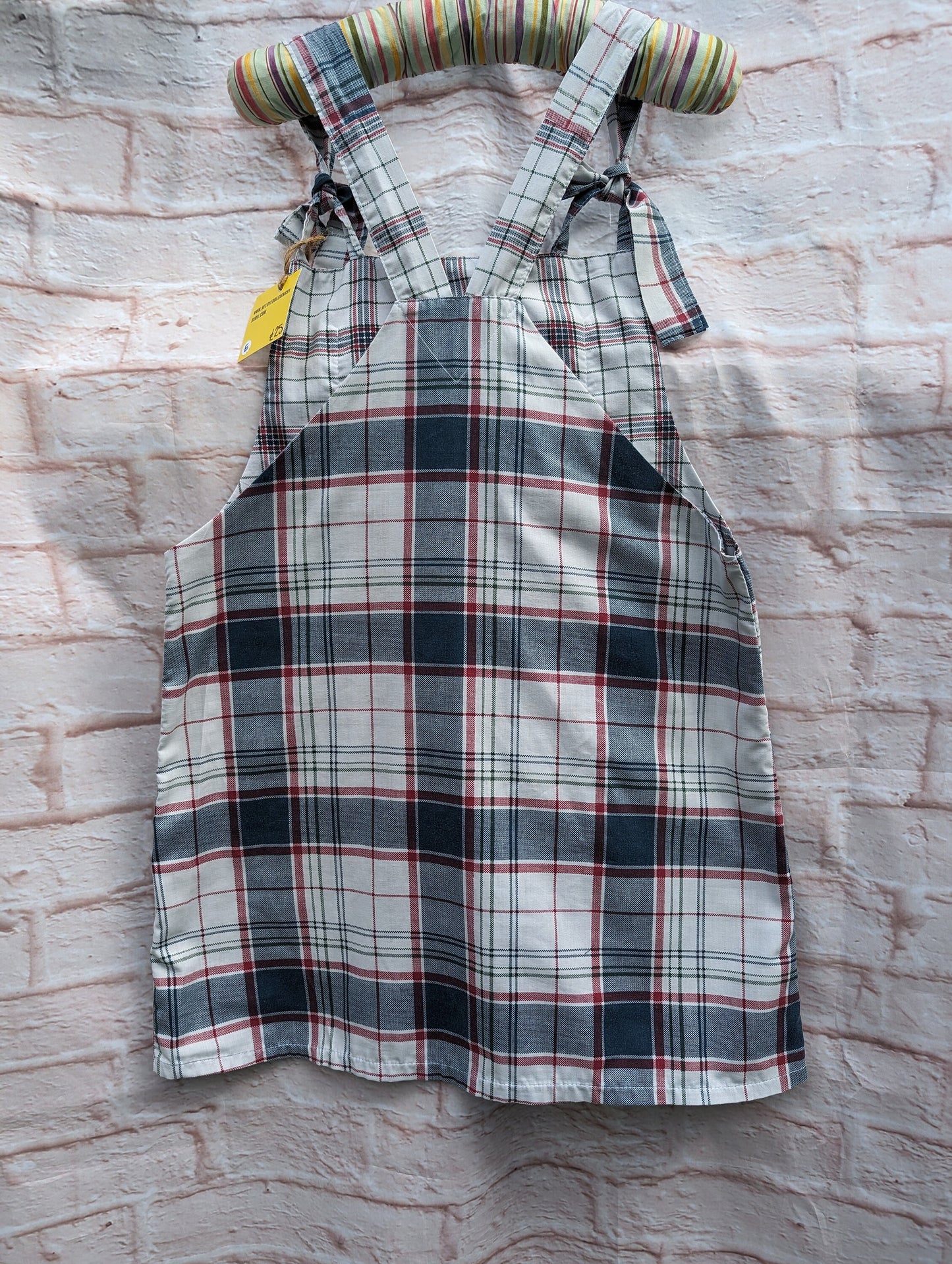 dress size 14, checked dress, pinafore dress, dungarees dress, tie top dress, apron dress, mini dress, pockets dress, blue dress, ladies