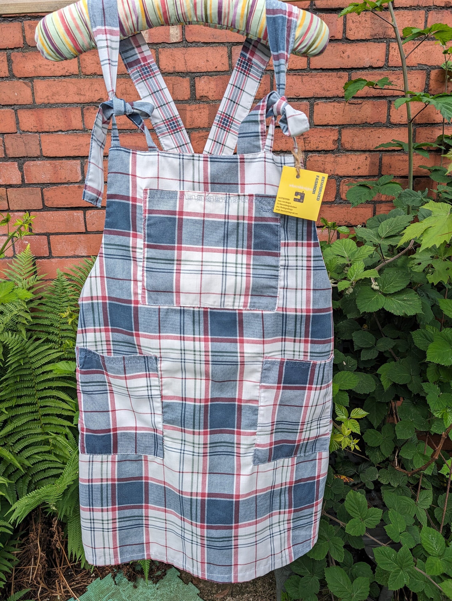 dress size 14, checked dress, pinafore dress, dungarees dress, tie top dress, apron dress, mini dress, pockets dress, blue dress, ladies